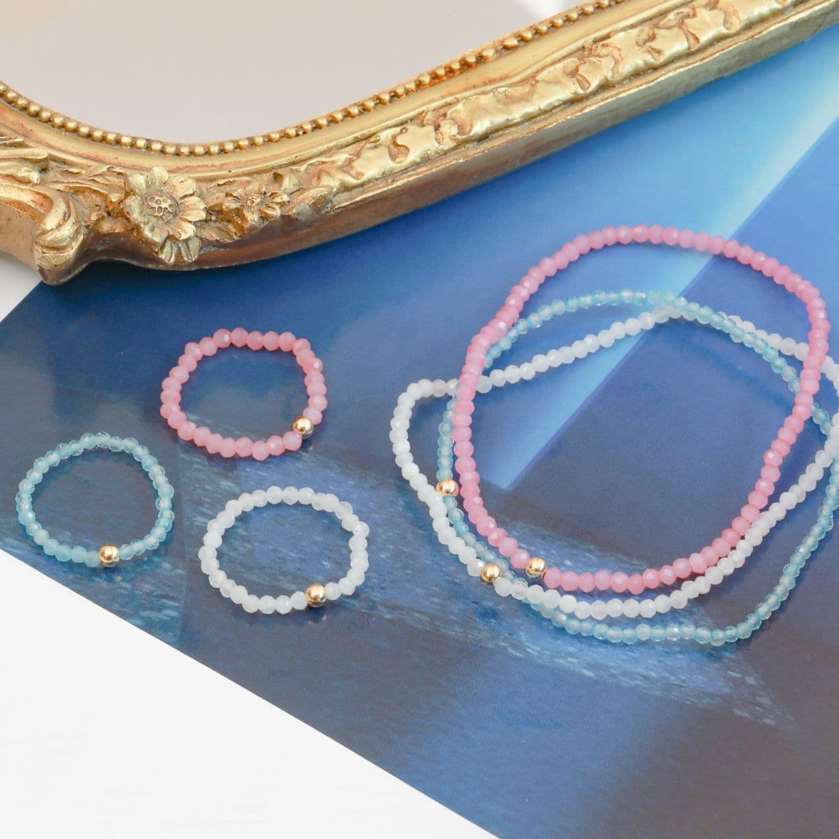 [G4R4800], [G4B4800] 14K Gold Ball Pastel Color Natural Stone Free Size Set - 이미지 3