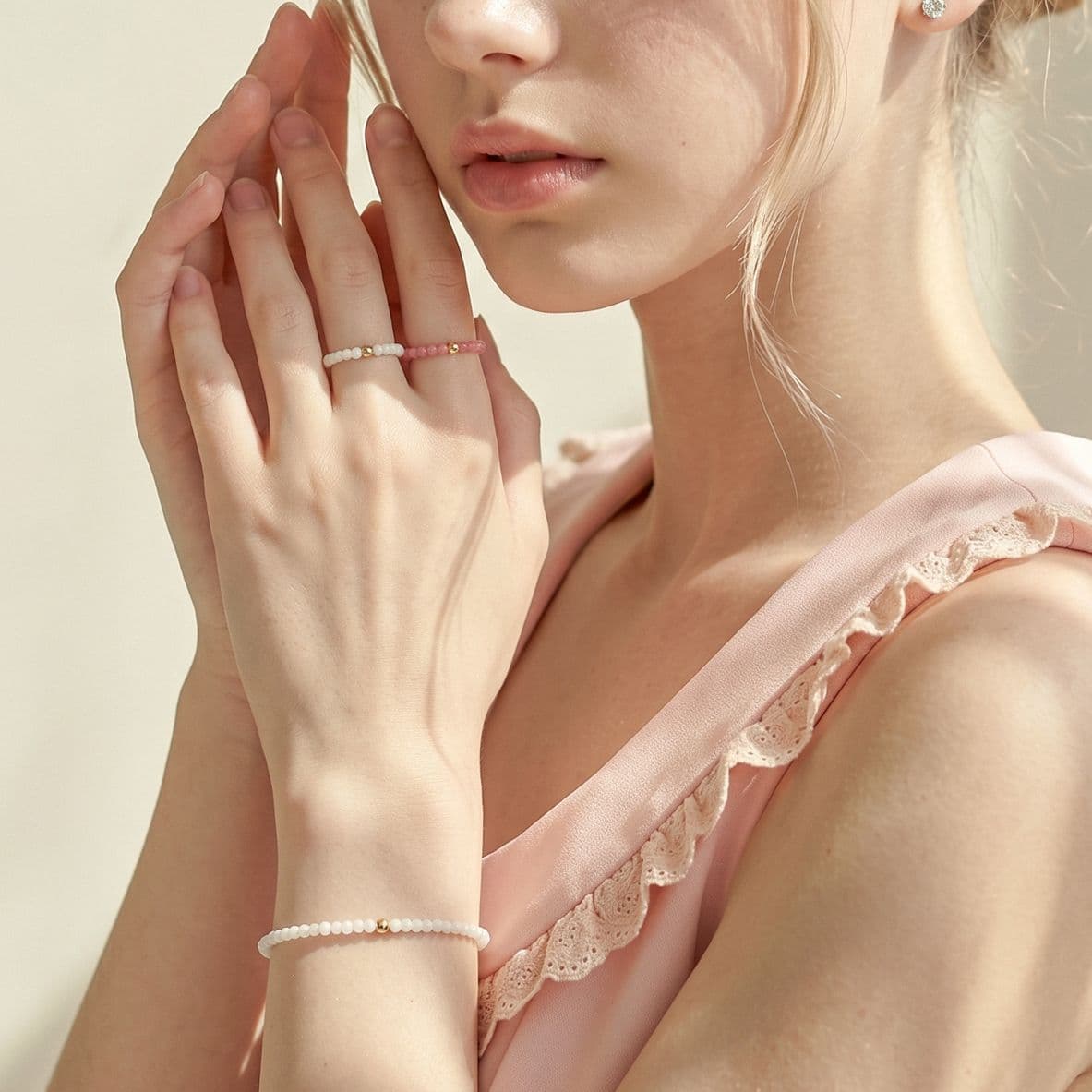 [G4R4800], [G4B4800] 14K Gold Ball Pastel Color Natural Stone Free Size Set - 이미지 1