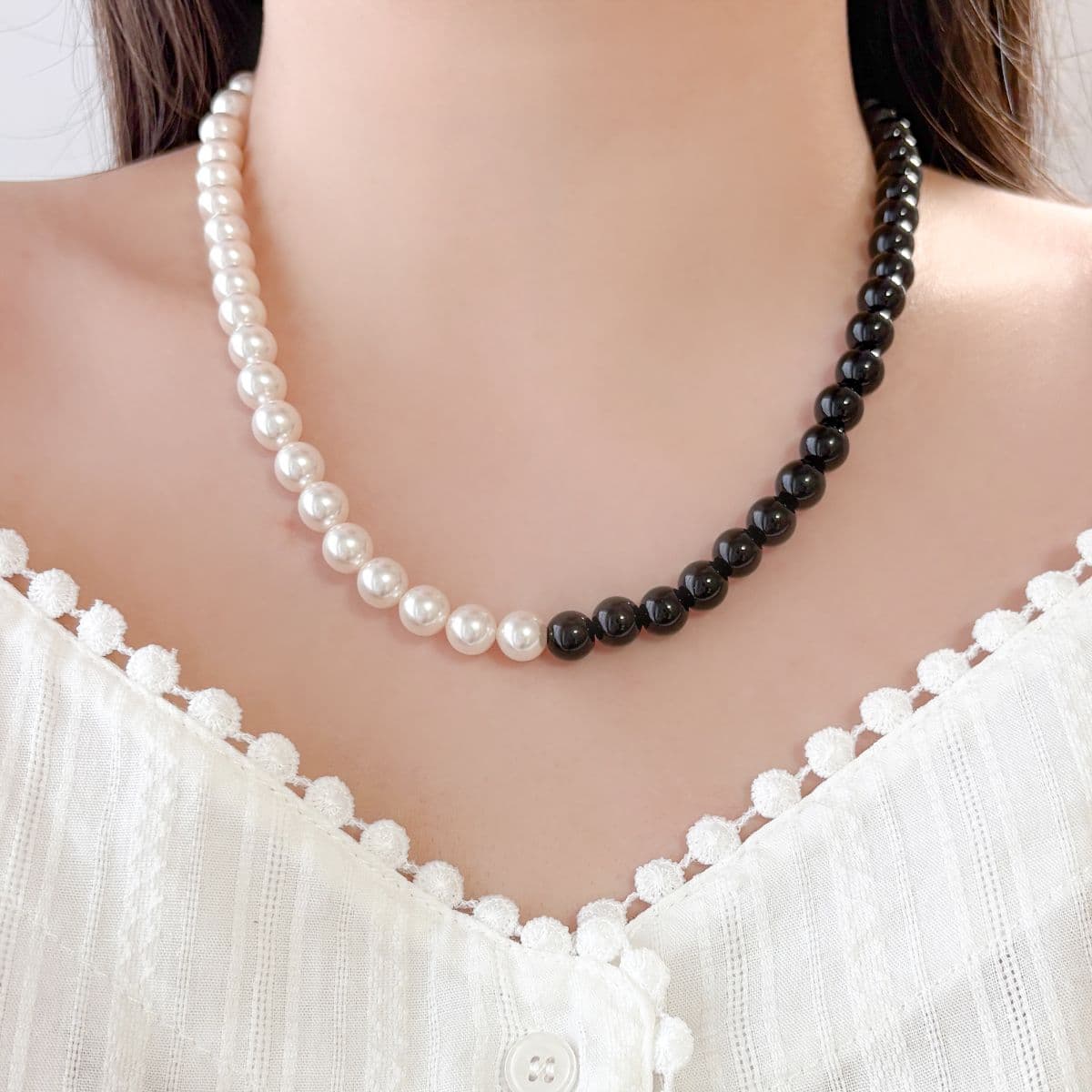 [SN6604] 925 Silver Half Swarovski Pearl Black Onyx Cruella Necklace - 이미지 5