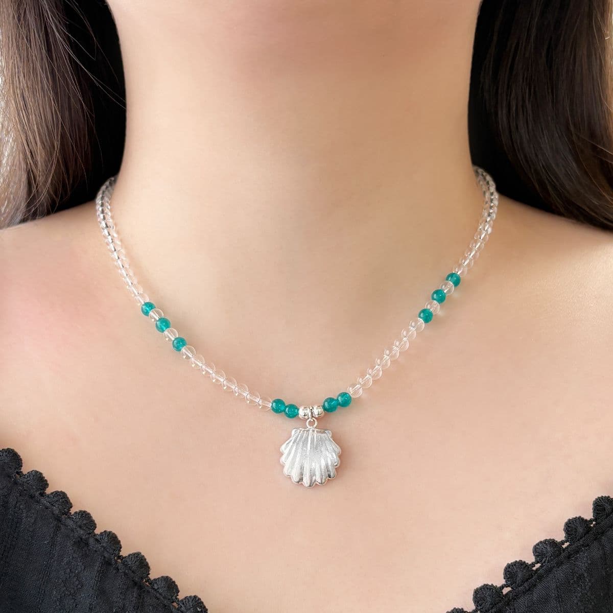 [SN6607] Silver 925 Natural Stone and Flat Big Shell Necklace - 이미지 2