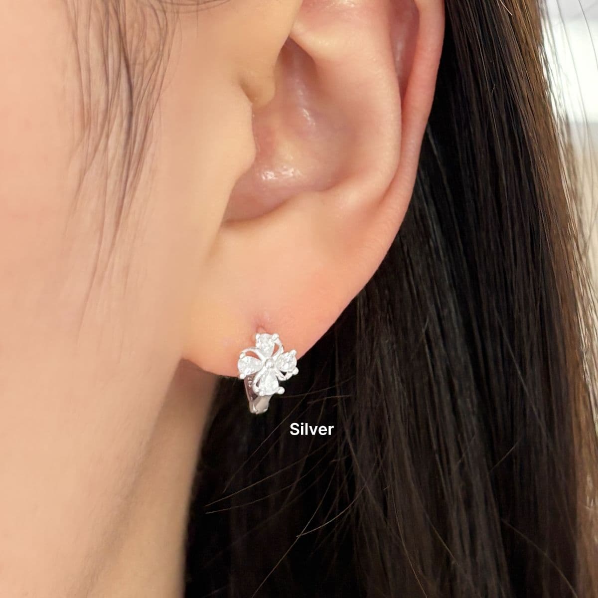 [SHG6701] 925 Silver Cubic Stem Flower One-Touch Earrings - 이미지 2