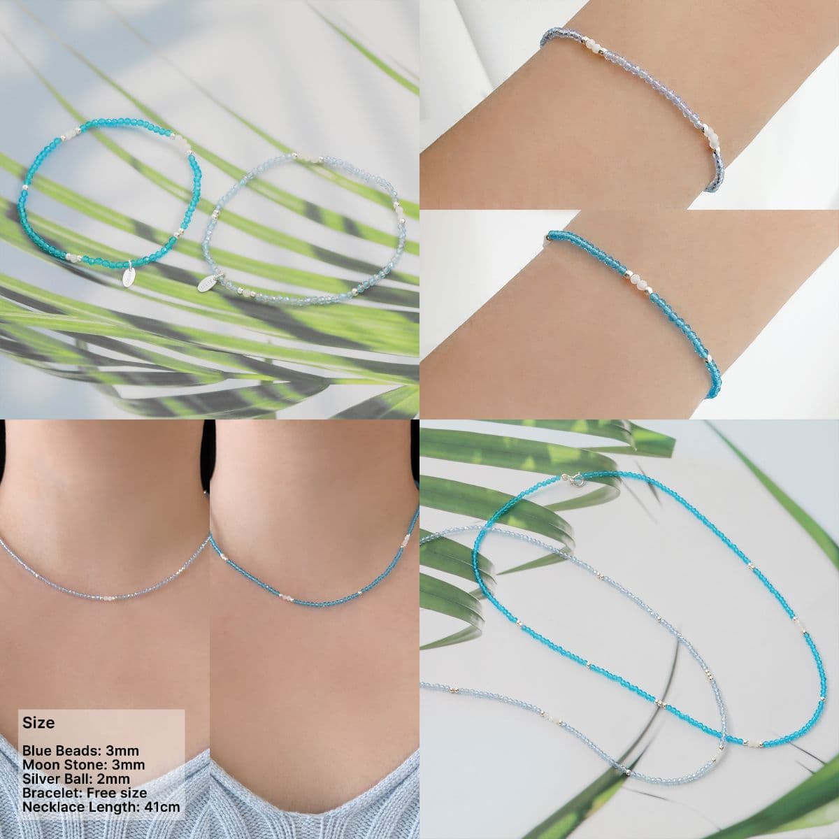 Silver 925 Blue Summer Beads and Natural Moonstone Set (Bracelet, Necklace) - 이미지 1