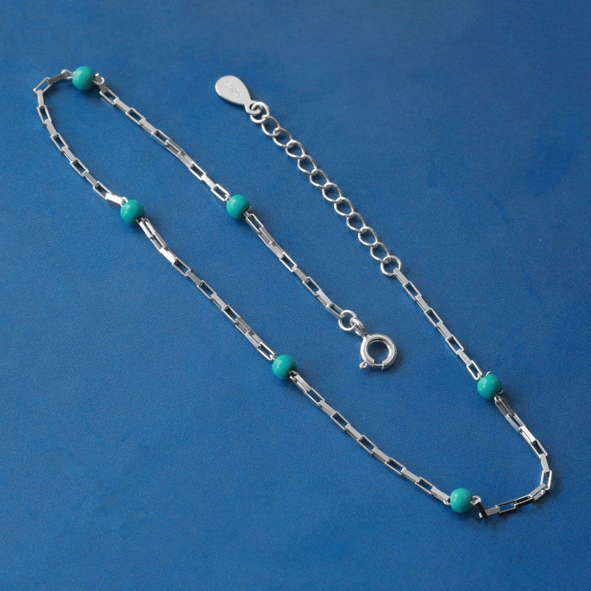 Silver 925 Turquoise Ball and Mini Square Chain Set (Bracelet, Anklet, Necklace) - 이미지 5