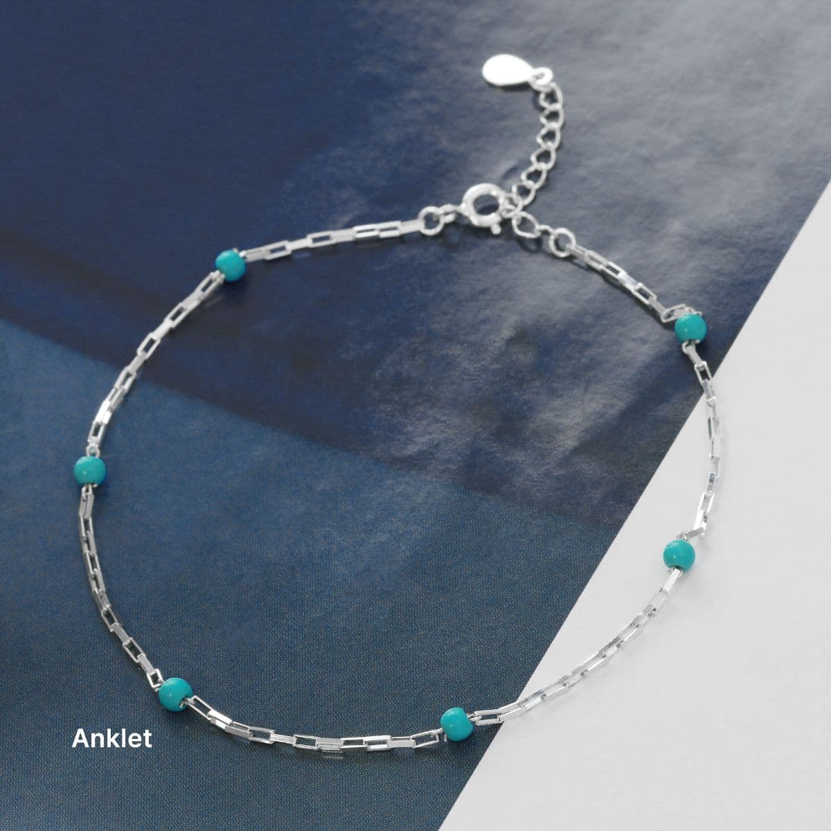 Silver 925 Turquoise Ball and Mini Square Chain Set (Bracelet, Anklet, Necklace) - 이미지 7