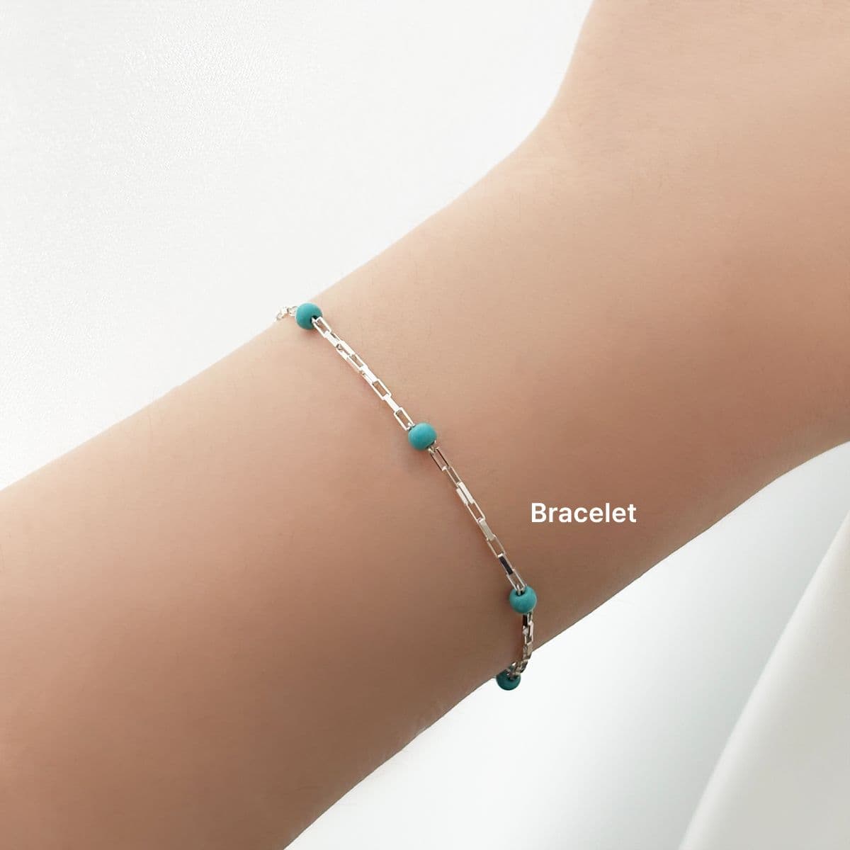 Silver 925 Turquoise Ball and Mini Square Chain Set (Bracelet, Anklet, Necklace) - 이미지 2