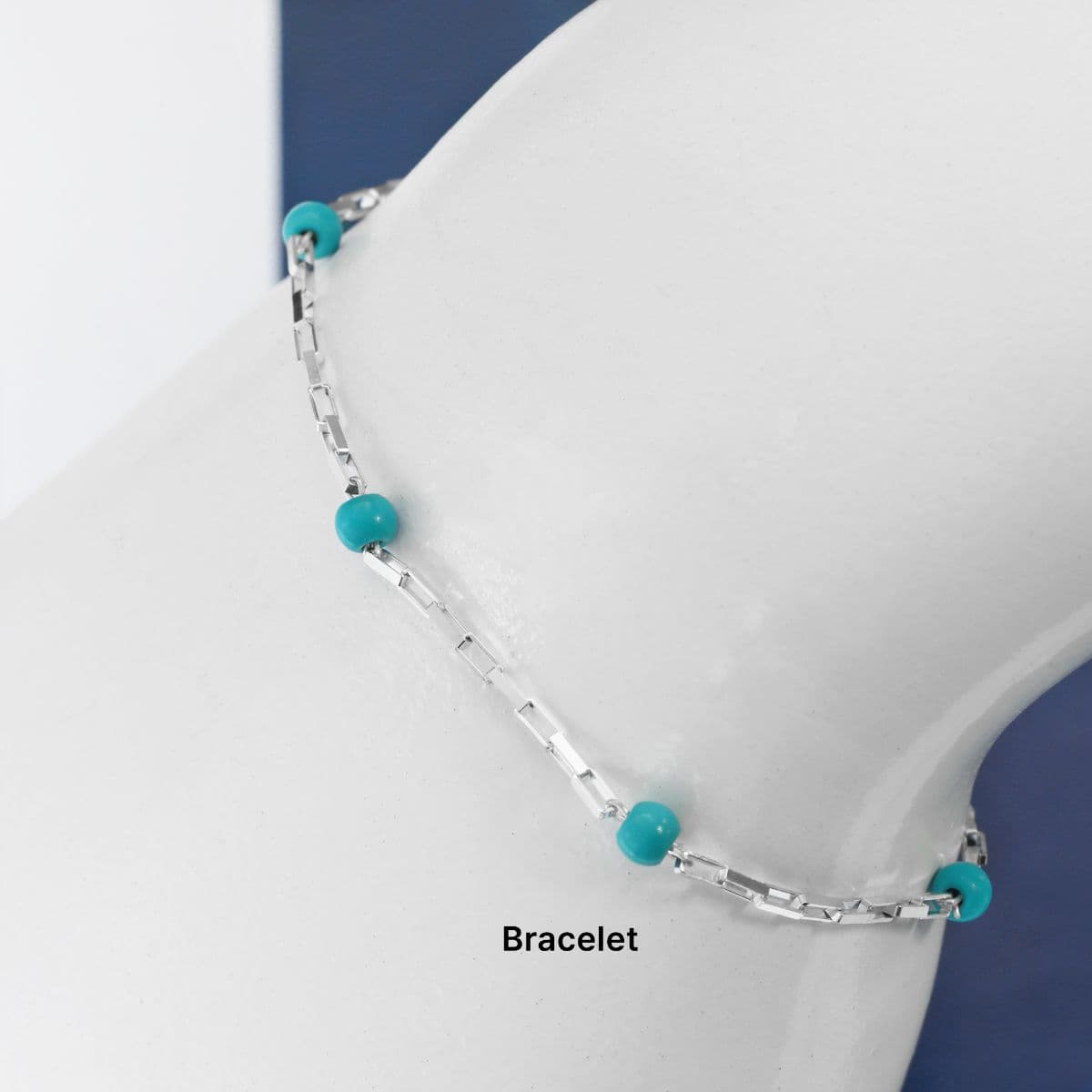 Silver 925 Turquoise Ball and Mini Square Chain Set (Bracelet, Anklet, Necklace) - 이미지 4