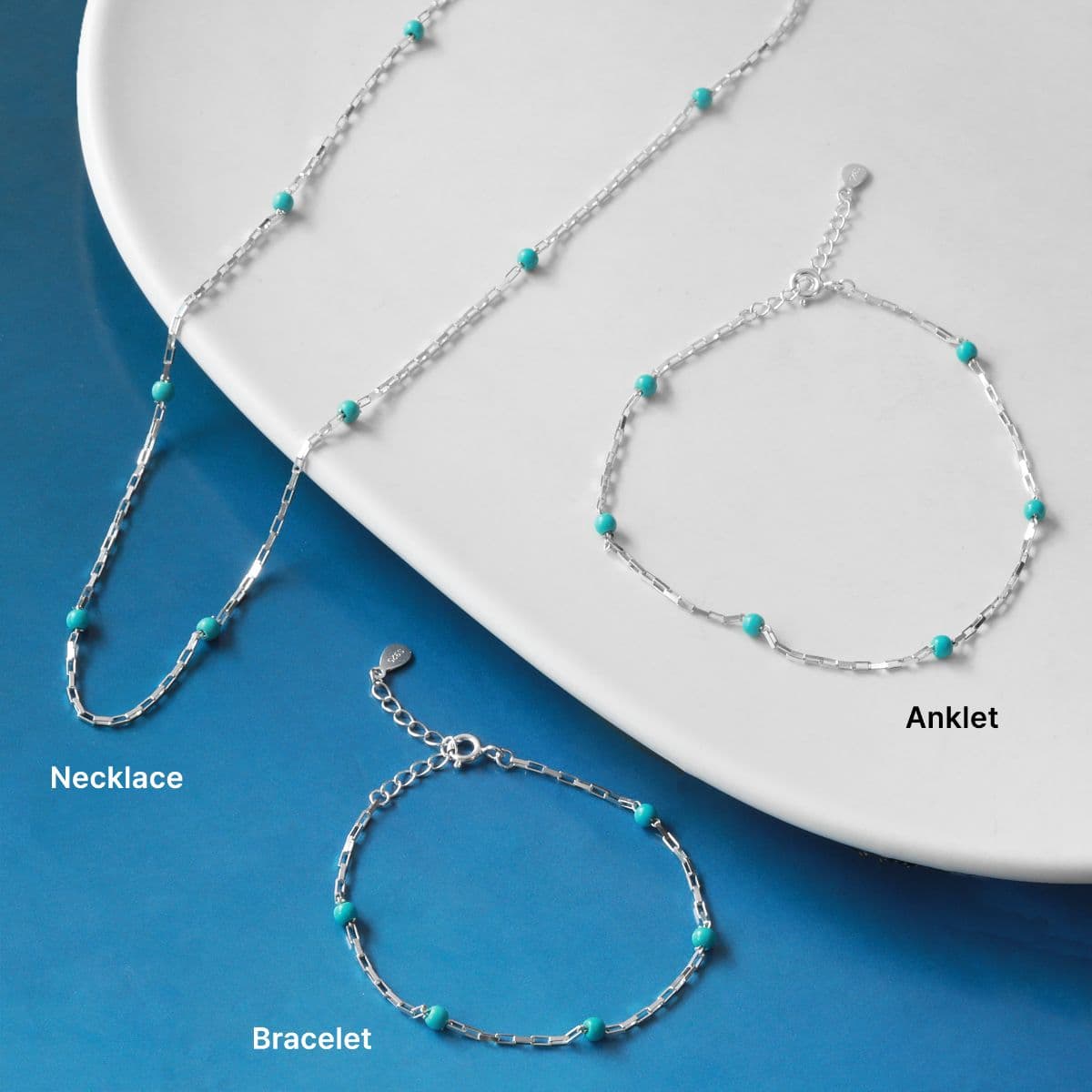 Silver 925 Turquoise Ball and Mini Square Chain Set (Bracelet, Anklet, Necklace) - 이미지 16