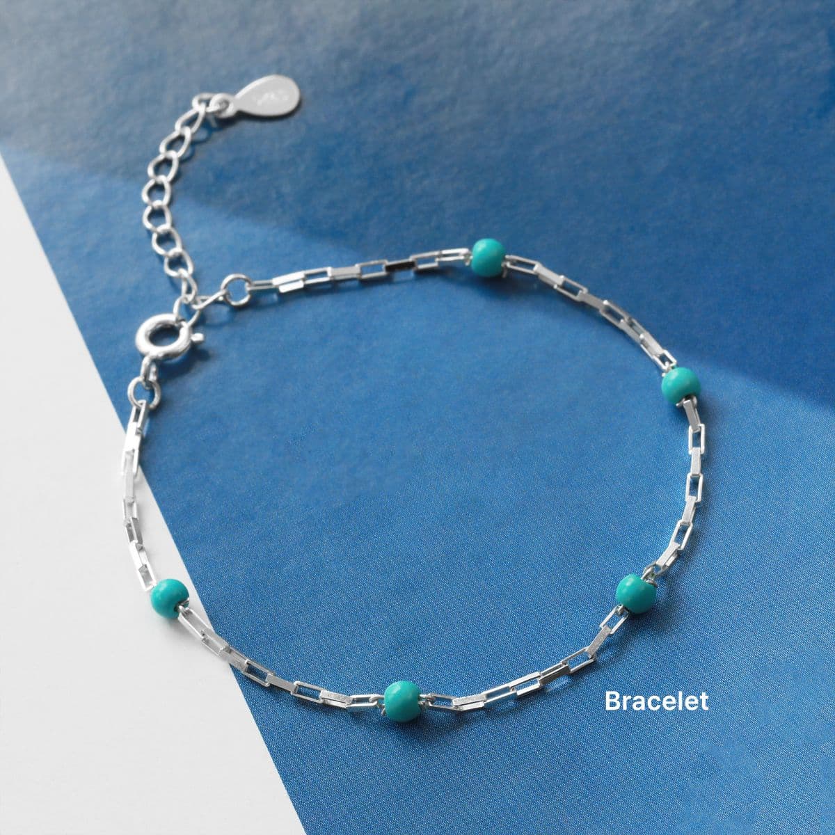 Silver 925 Turquoise Ball and Mini Square Chain Set (Bracelet, Anklet, Necklace) - 이미지 3