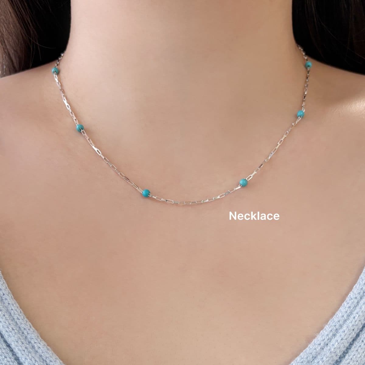 Silver 925 Turquoise Ball and Mini Square Chain Set (Bracelet, Anklet, Necklace) - 이미지 10