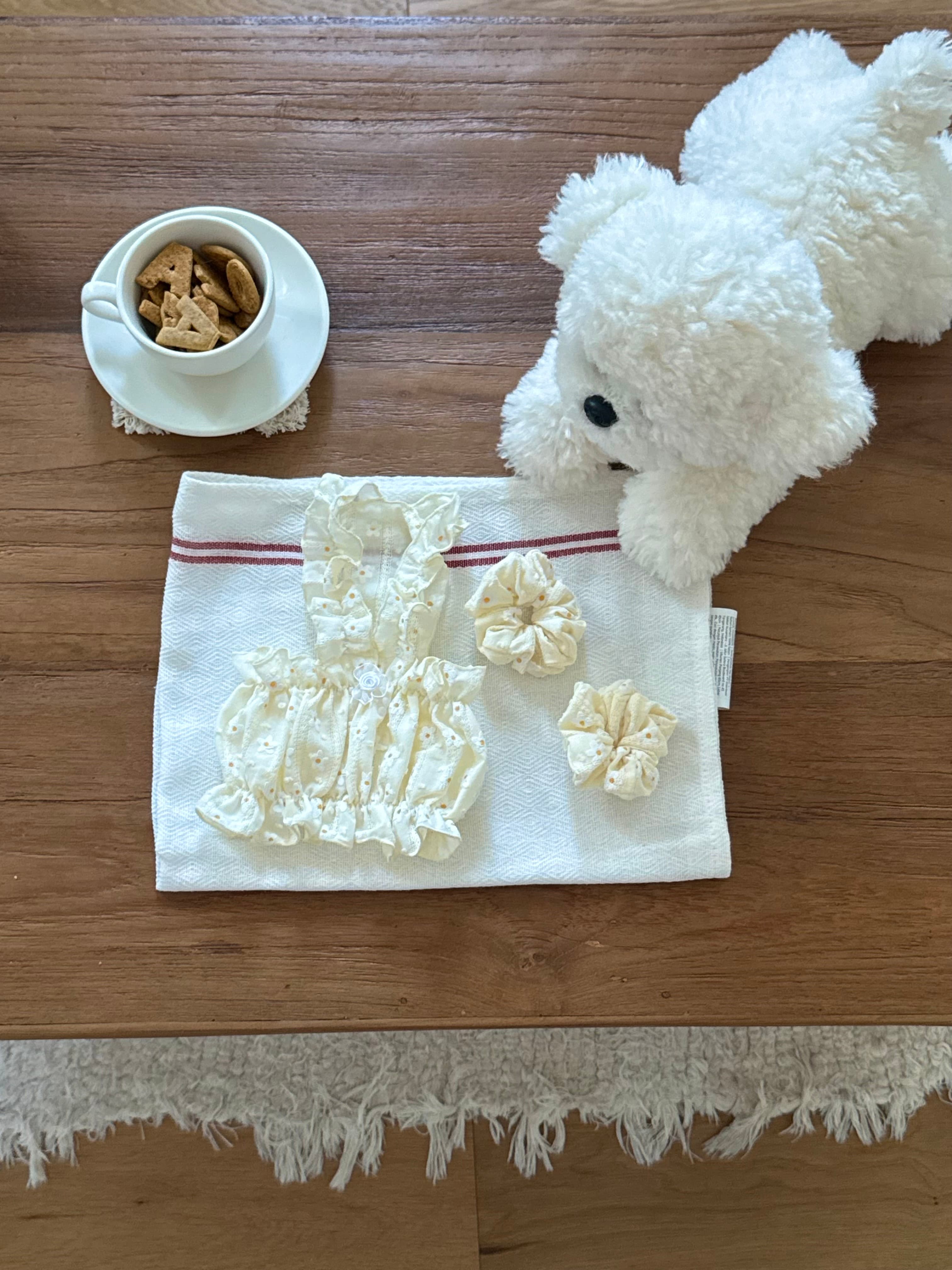 Cream Flower Frill Scrunchie Set / S-2XL - 이미지 9