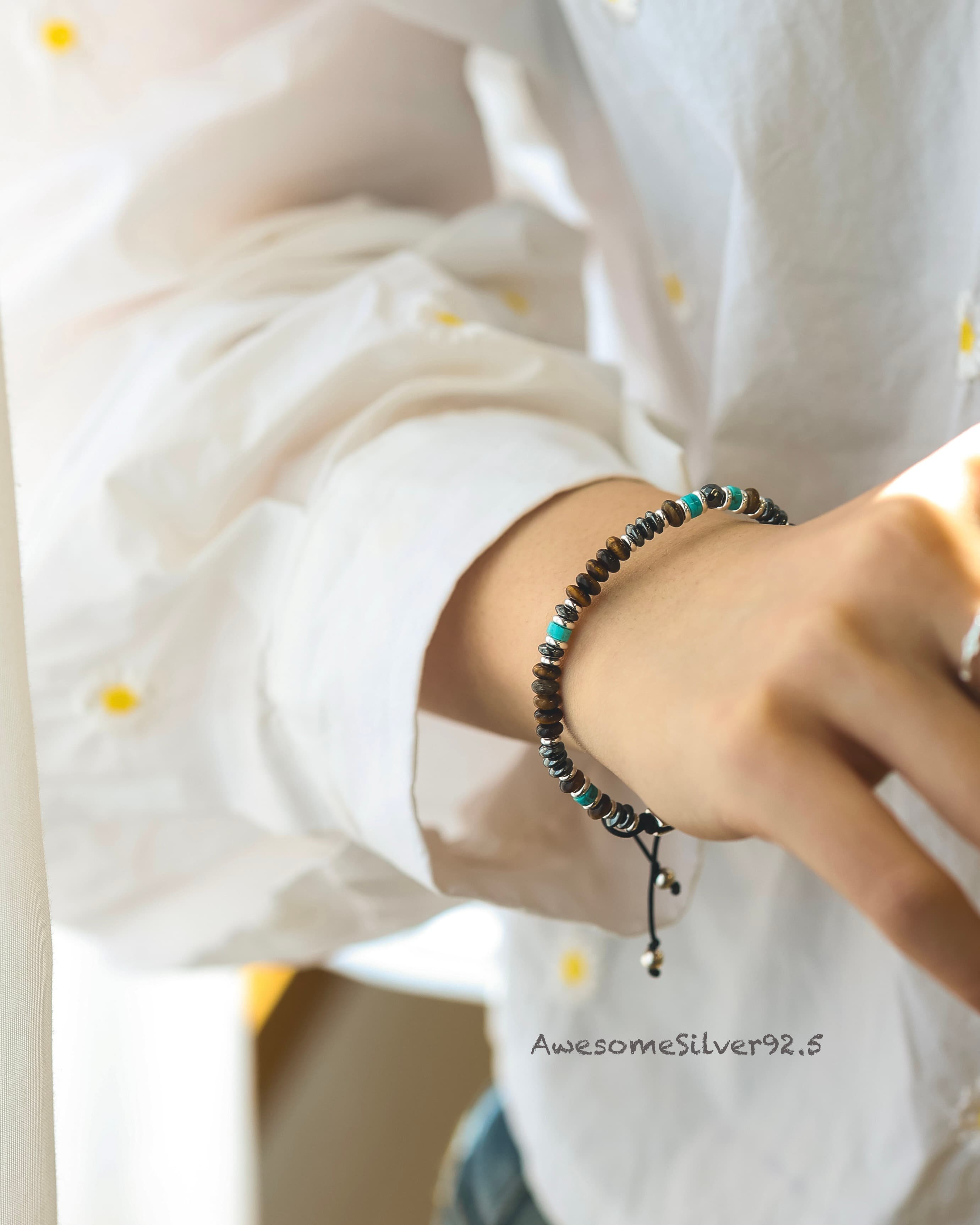 B Silver 925 Turkish Tiger Eye Natural Stone Bohemian Couple Bracelet - 이미지 4
