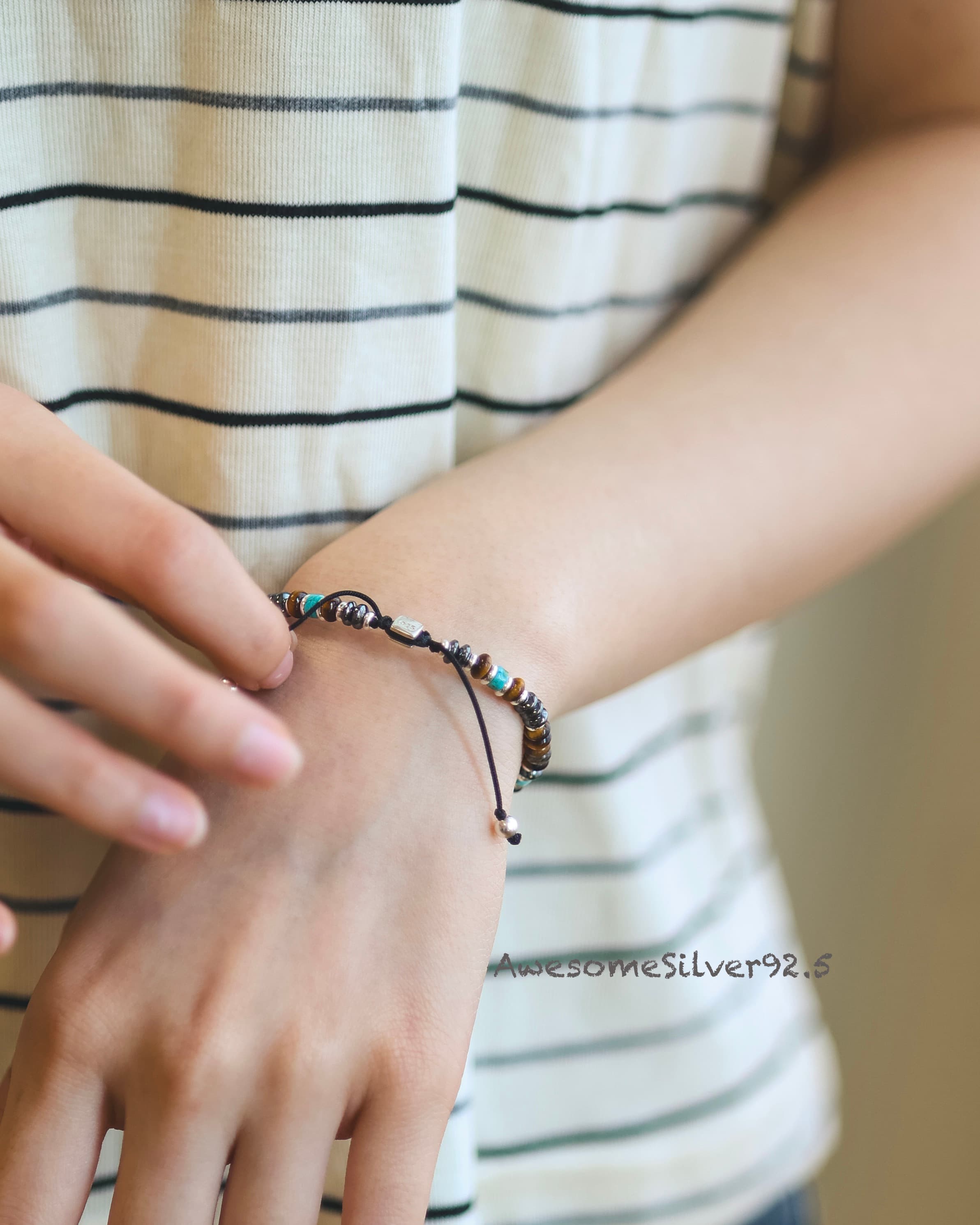 B Silver 925 Turkish Tiger Eye Natural Stone Bohemian Couple Bracelet - 이미지 1