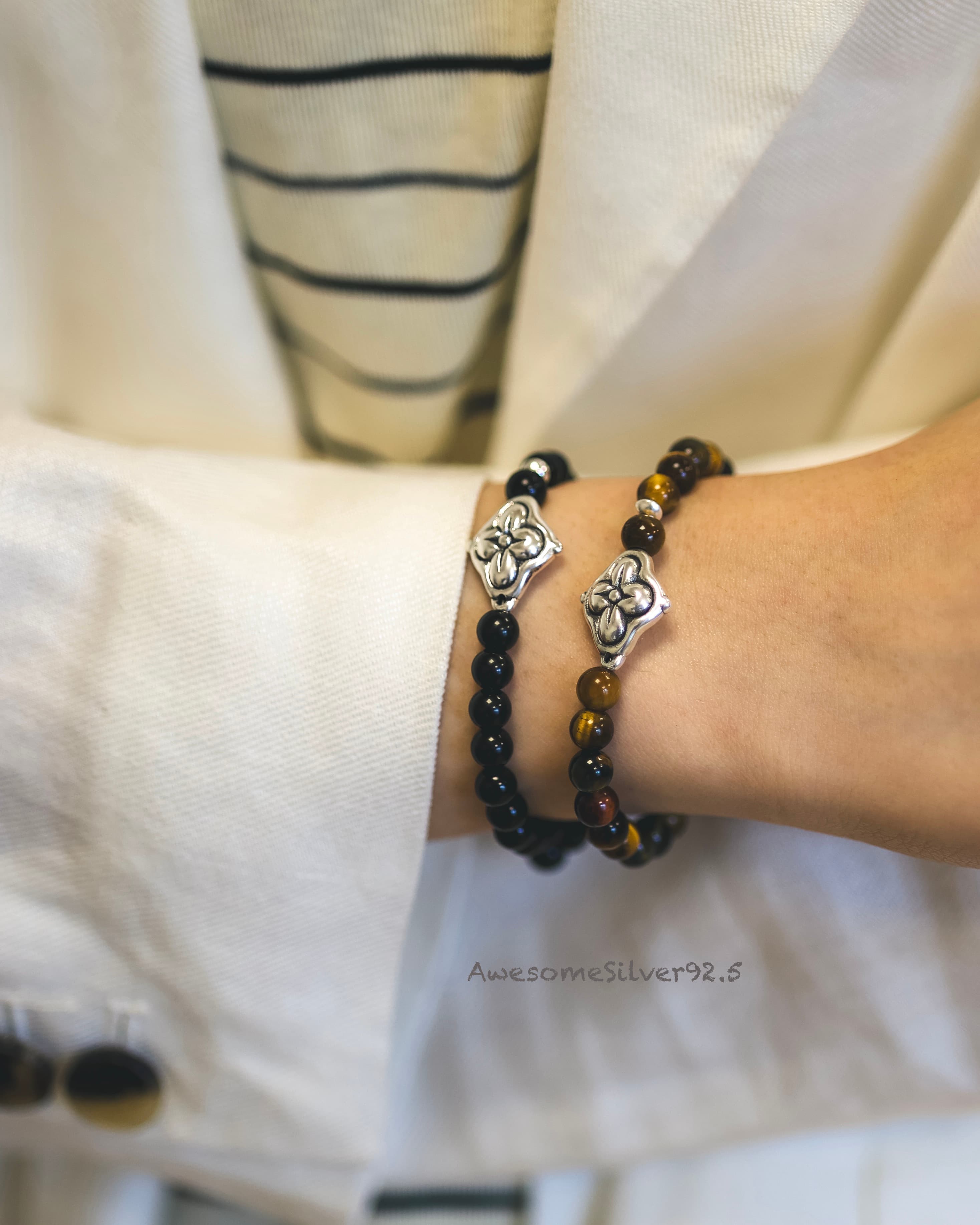 B Silver 925 Black Onyx Tiger Eye Flower Pendant Couple Handmade Bracelet - 이미지 3