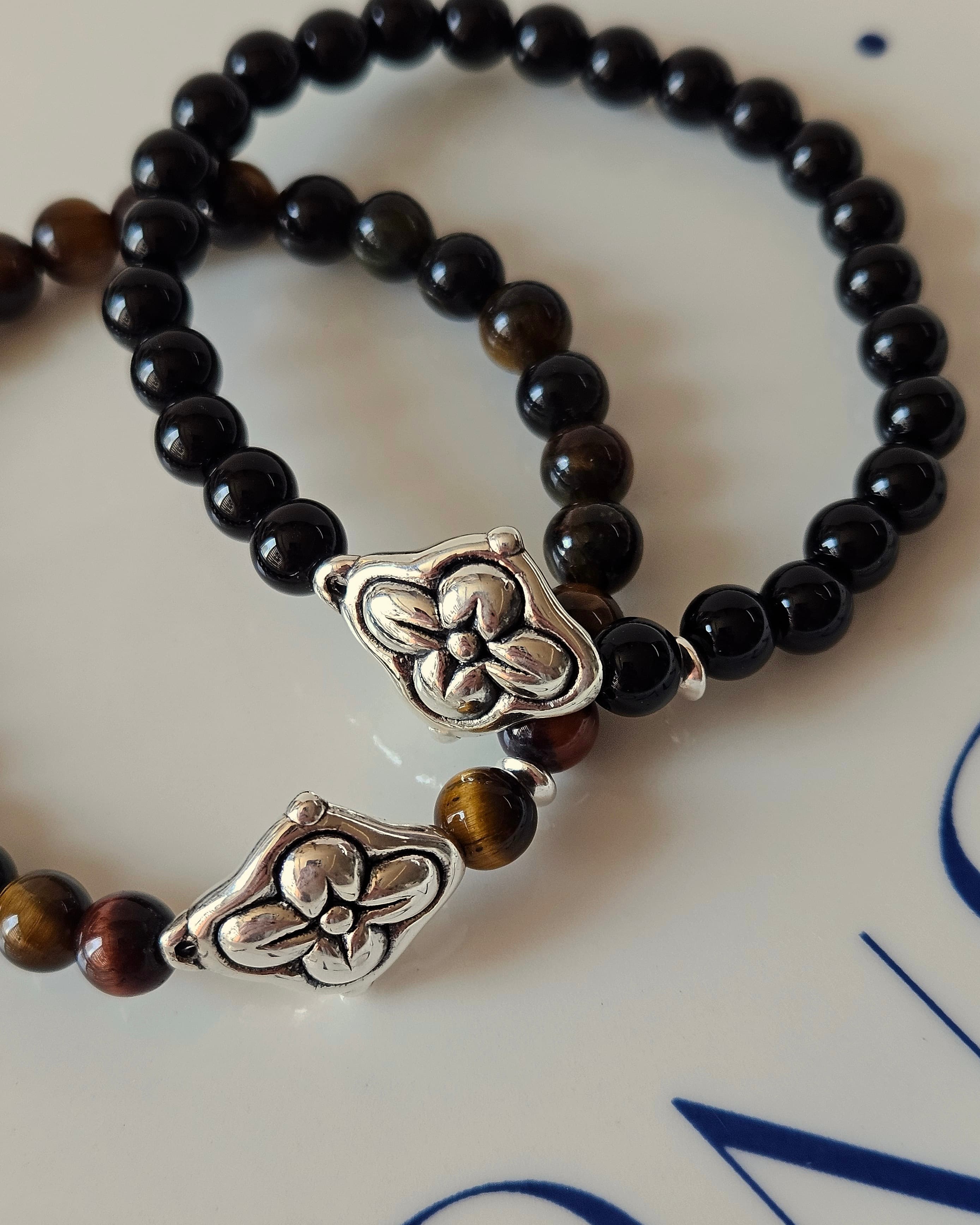 B Silver 925 Black Onyx Tiger Eye Flower Pendant Couple Handmade Bracelet - 이미지 5