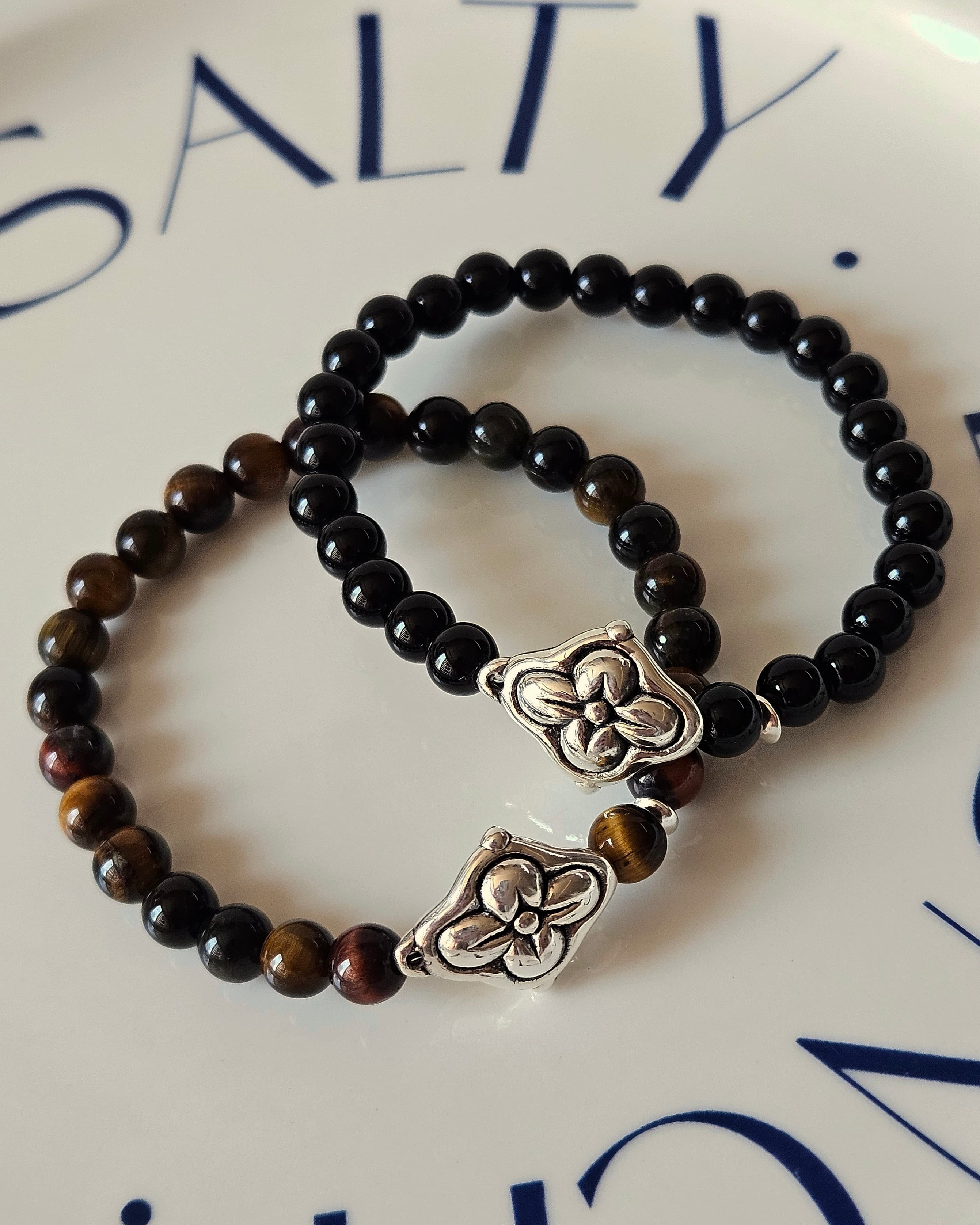 B Silver 925 Black Onyx Tiger Eye Flower Pendant Couple Handmade Bracelet - 이미지 2