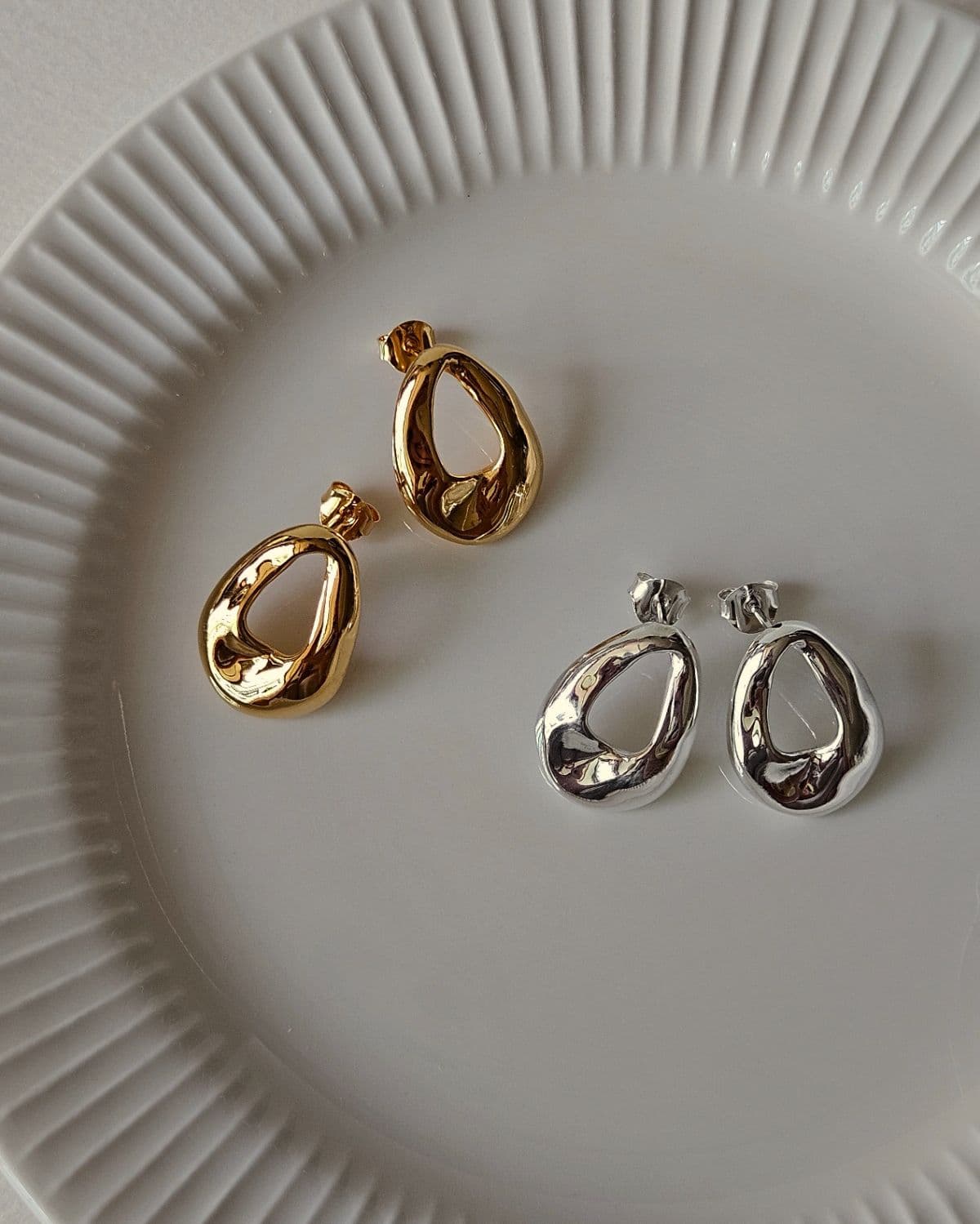 E Silver 925 Water Droplet Pebble Post Earrings - 이미지 2