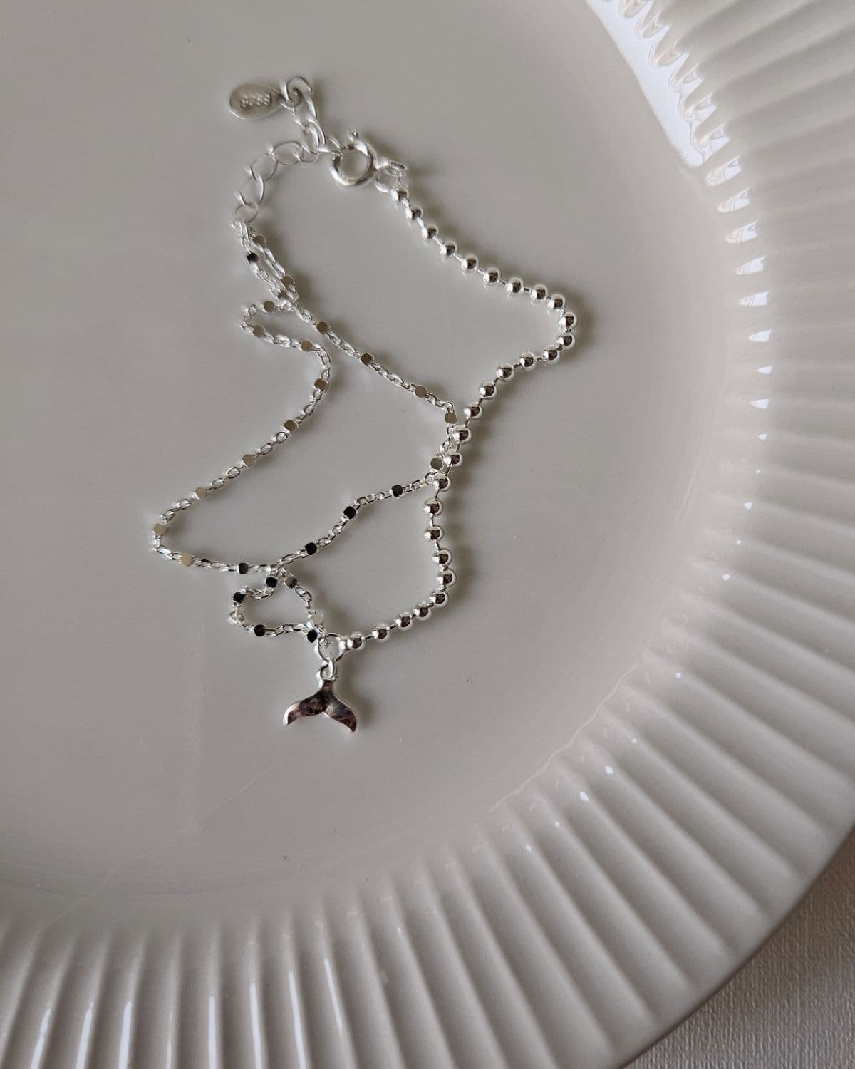 B Silver 925 Square Silver Ball Half-Half Double Strand Dolphin Tail Pendant Bracelet - 이미지 5
