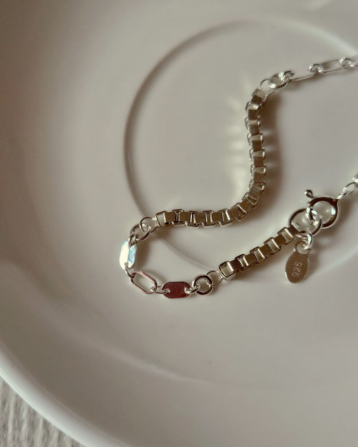 B Silver 925 Square Box Chain Bracelet - 이미지 3