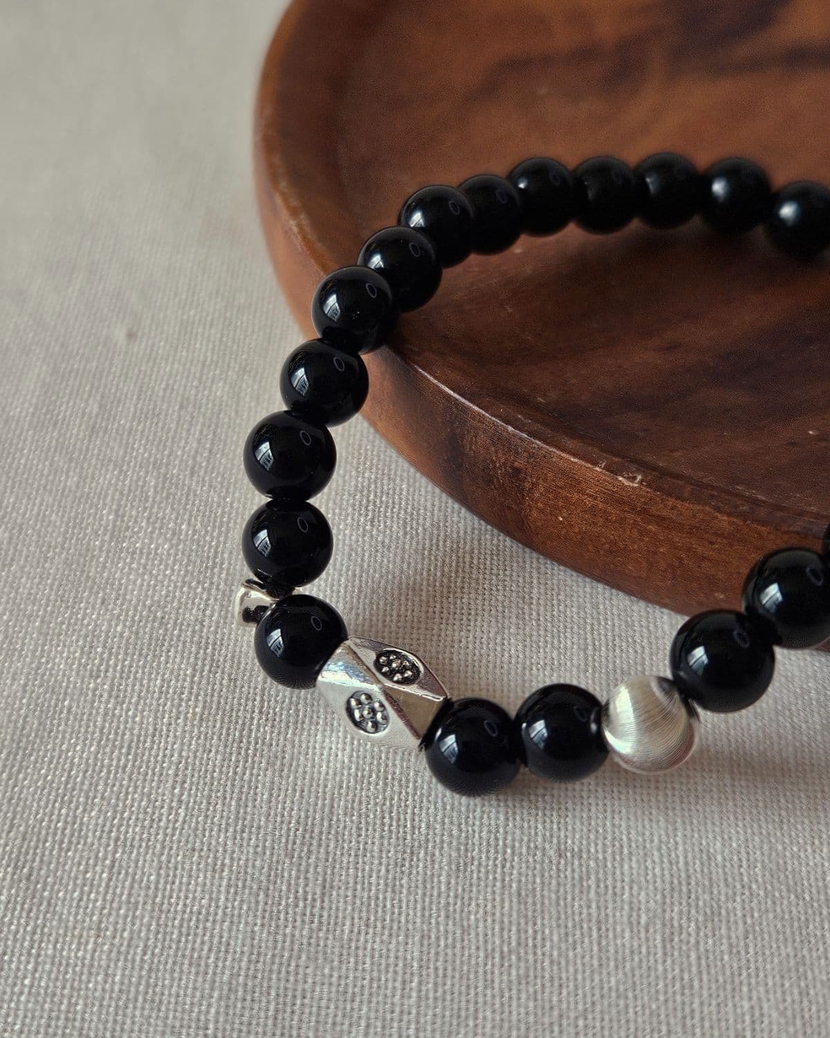 B Silver 925 Onyx Hammering Dot Cube Pendant Men's & Women's Couple Bracelet - 이미지 2