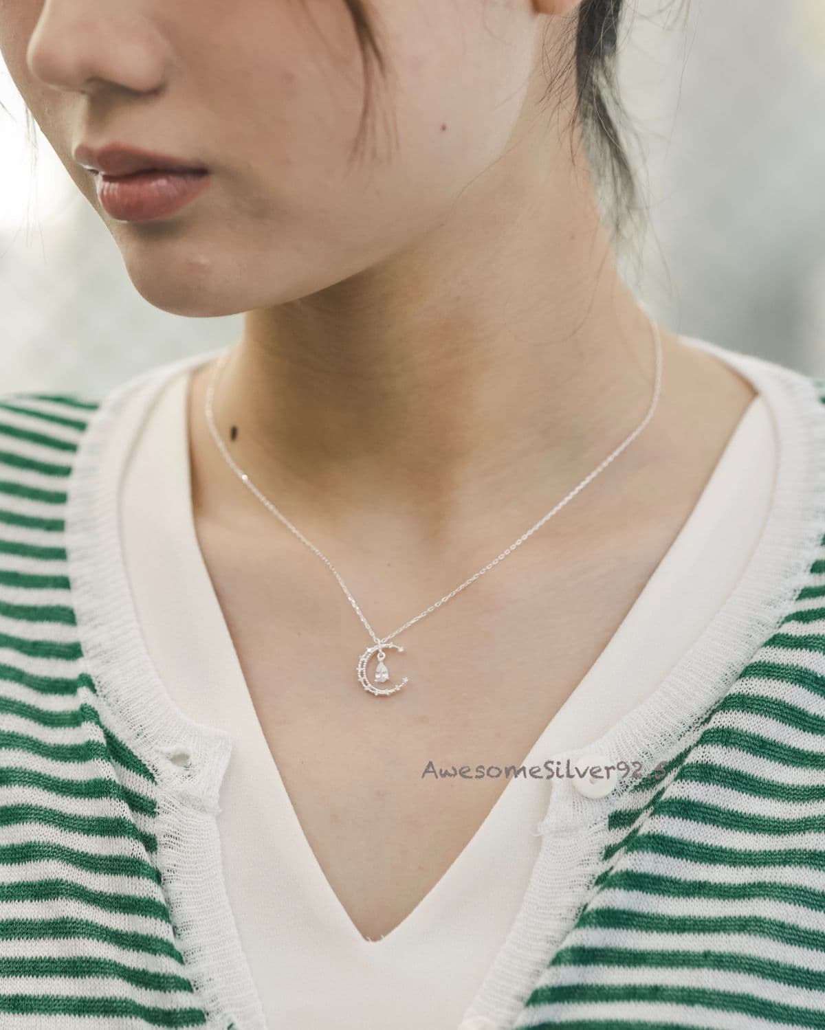 N Silver 925 Moon Teardrop Cubic Necklace - 이미지 1