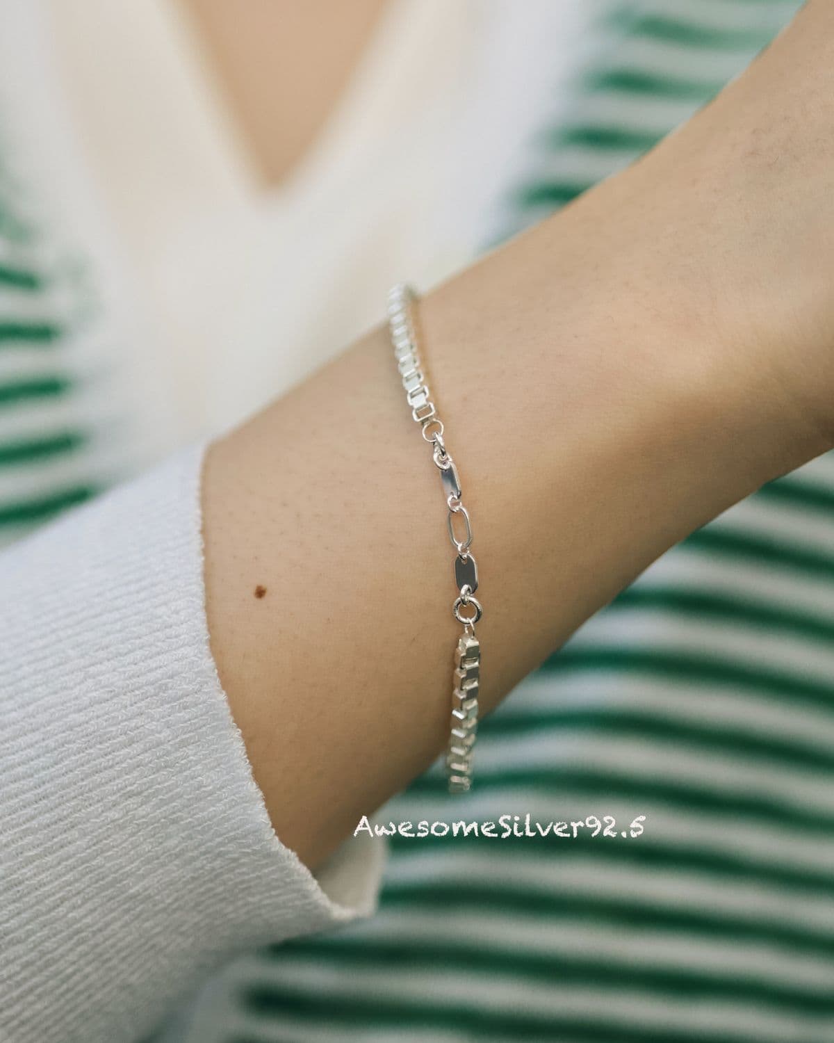 B Silver 925 Square Box Chain Bracelet - 이미지 6