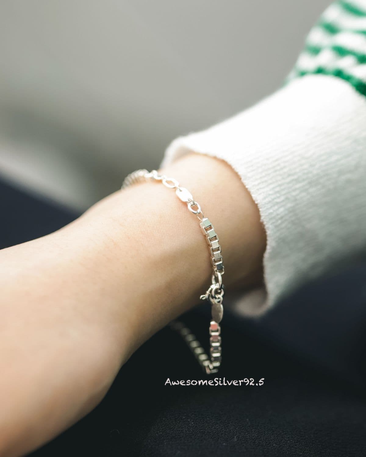 B Silver 925 Square Box Chain Bracelet - 이미지 1