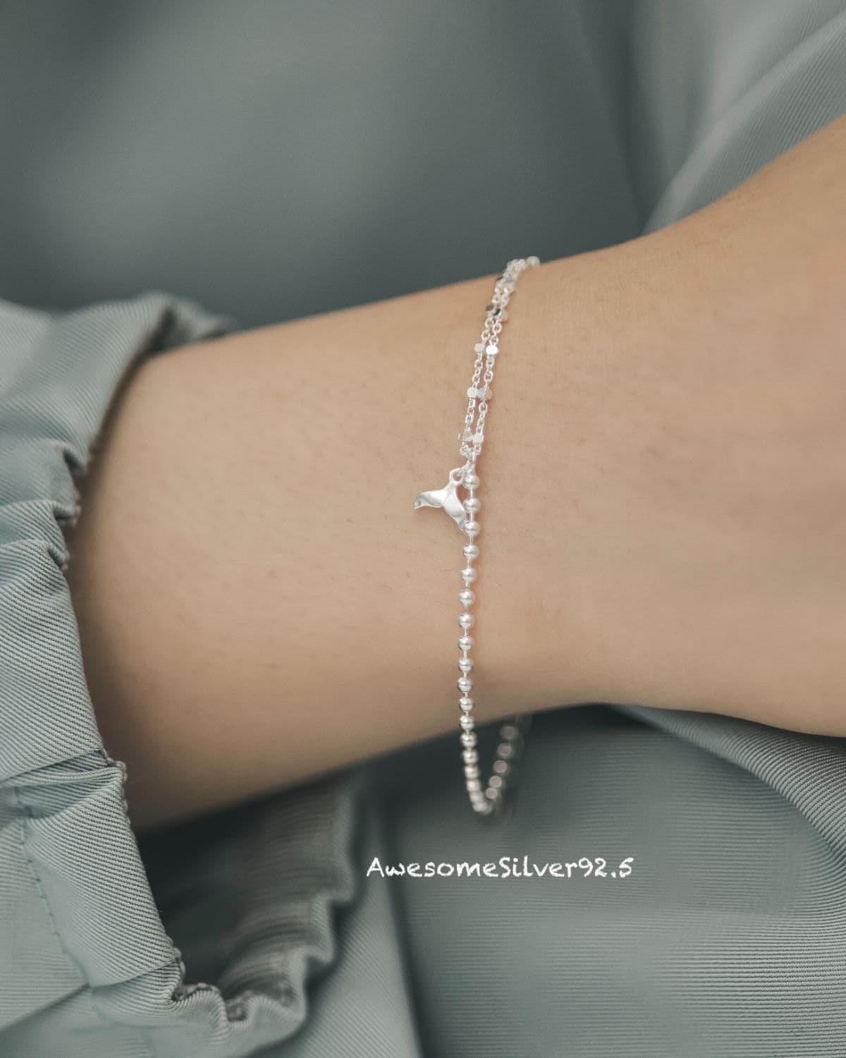 B Silver 925 Square Silver Ball Half-Half Double Strand Dolphin Tail Pendant Bracelet - 이미지 3