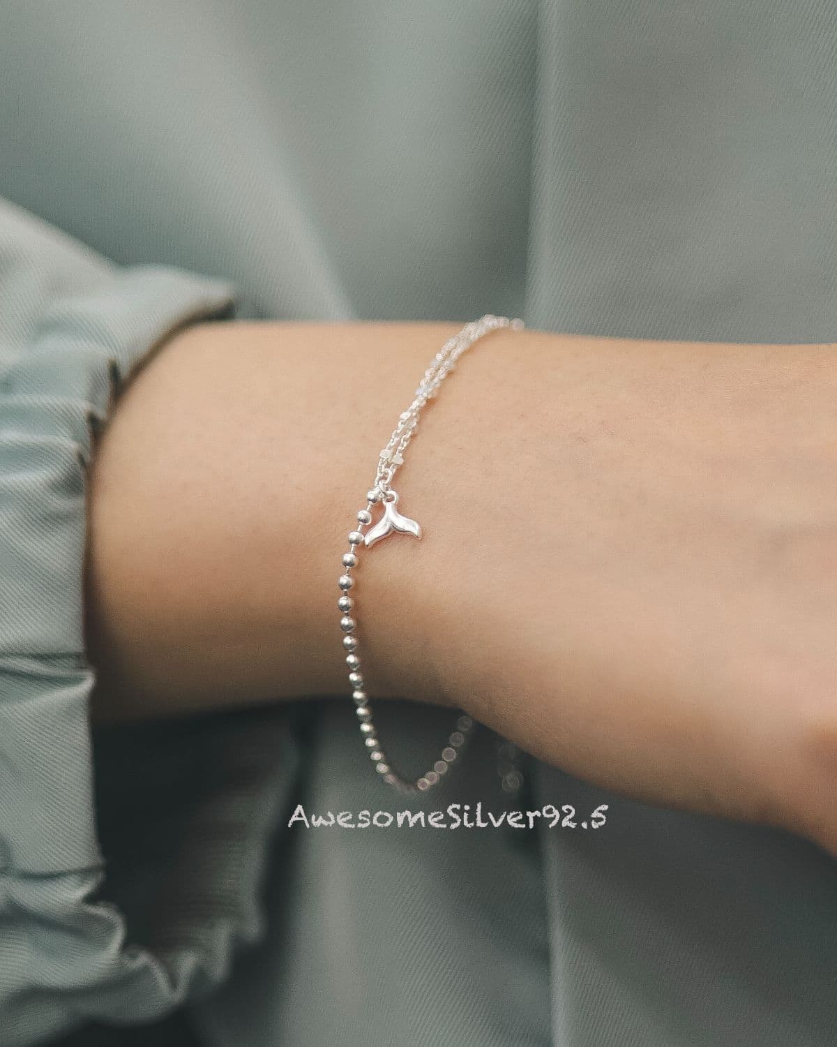 B Silver 925 Square Silver Ball Half-Half Double Strand Dolphin Tail Pendant Bracelet - 이미지 1