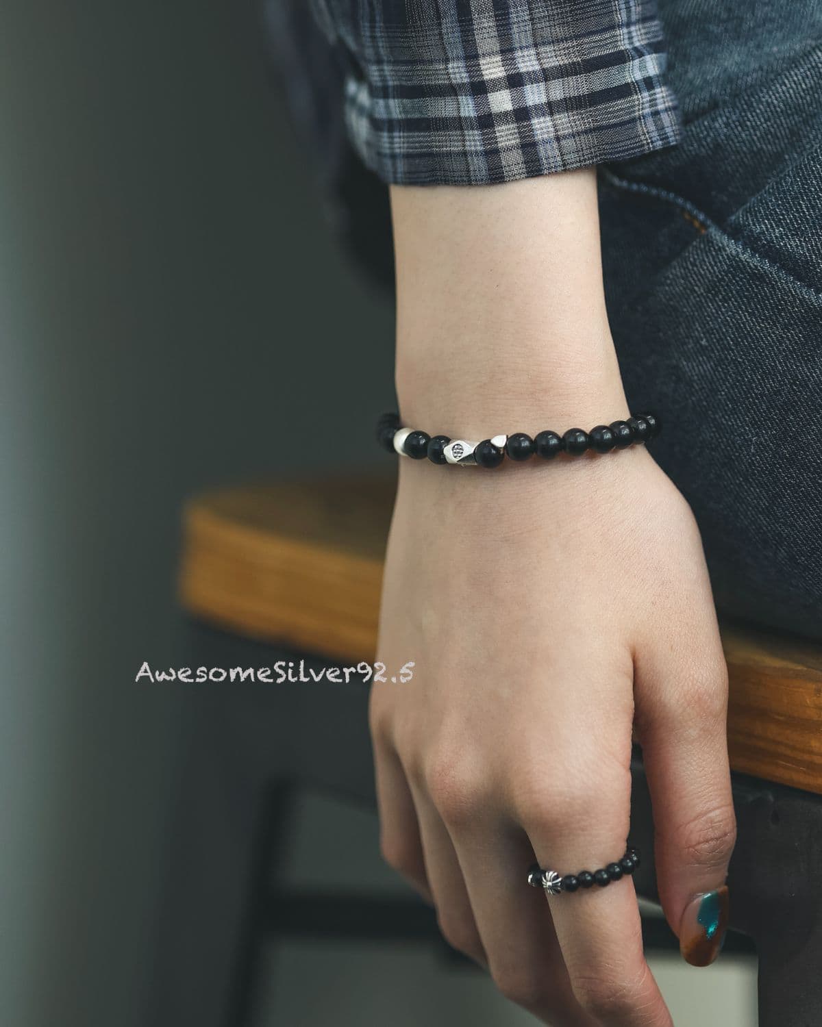 B Silver 925 Onyx Hammering Dot Cube Pendant Men's & Women's Couple Bracelet - 이미지 1