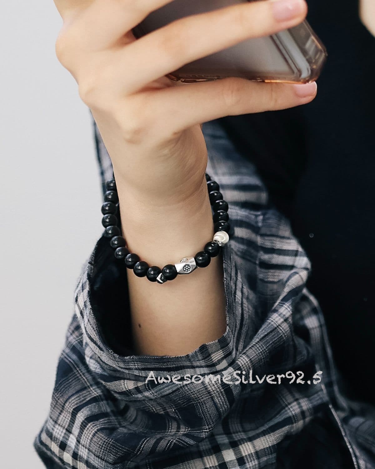 B Silver 925 Onyx Hammering Dot Cube Pendant Men's & Women's Couple Bracelet - 이미지 3