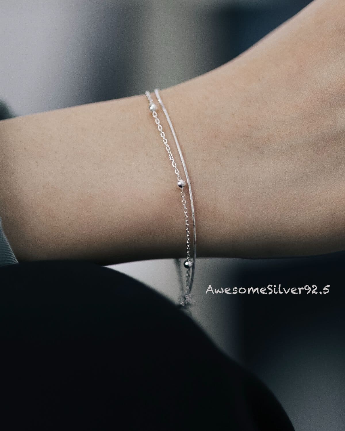 Silver 925 Double Strand Ball Chain Bracelet - 이미지 2