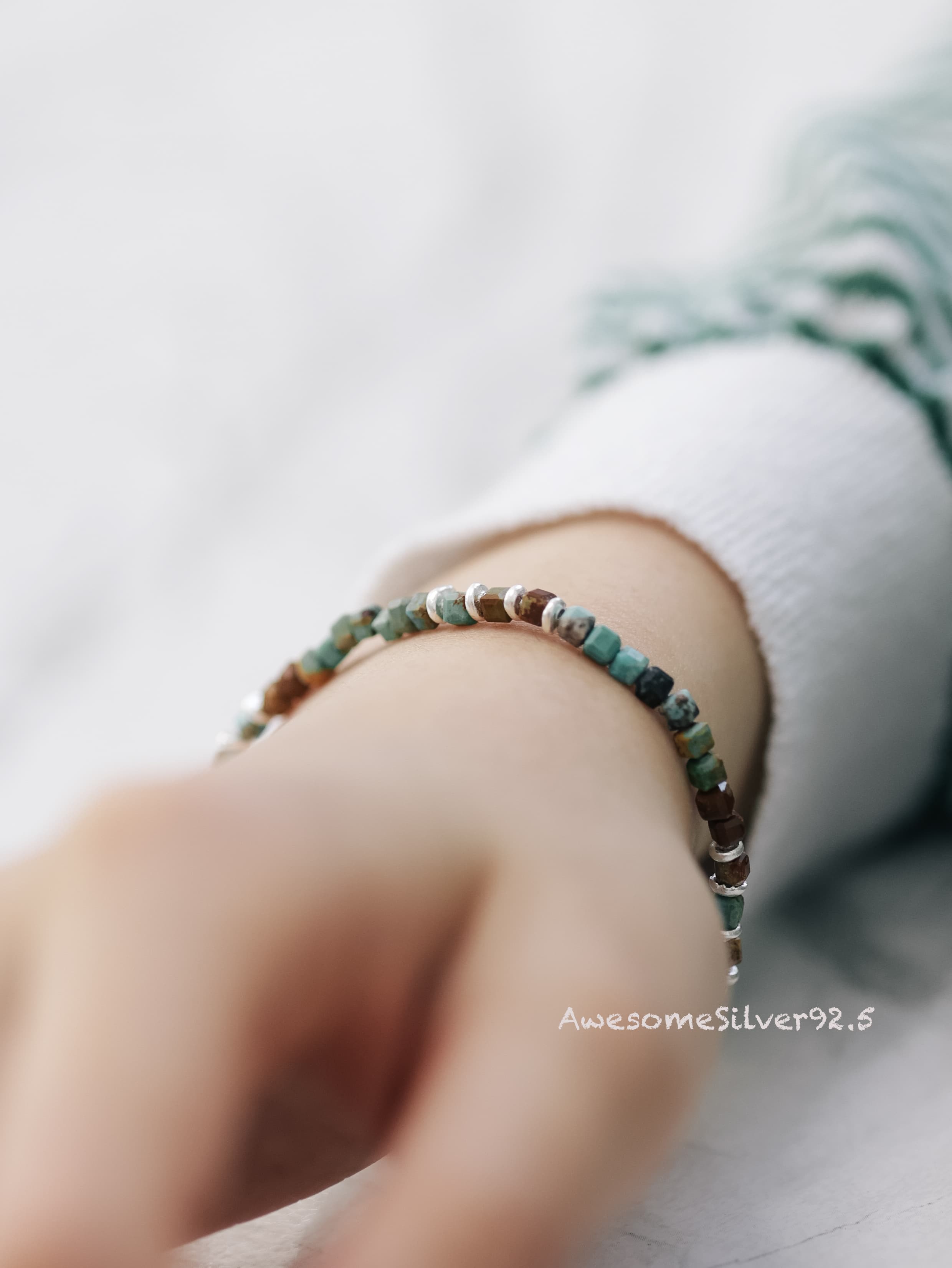 B Silver 925 Natural Turquoise Squishy Pendant Men's & Women's Couple Bracelet - 이미지 2