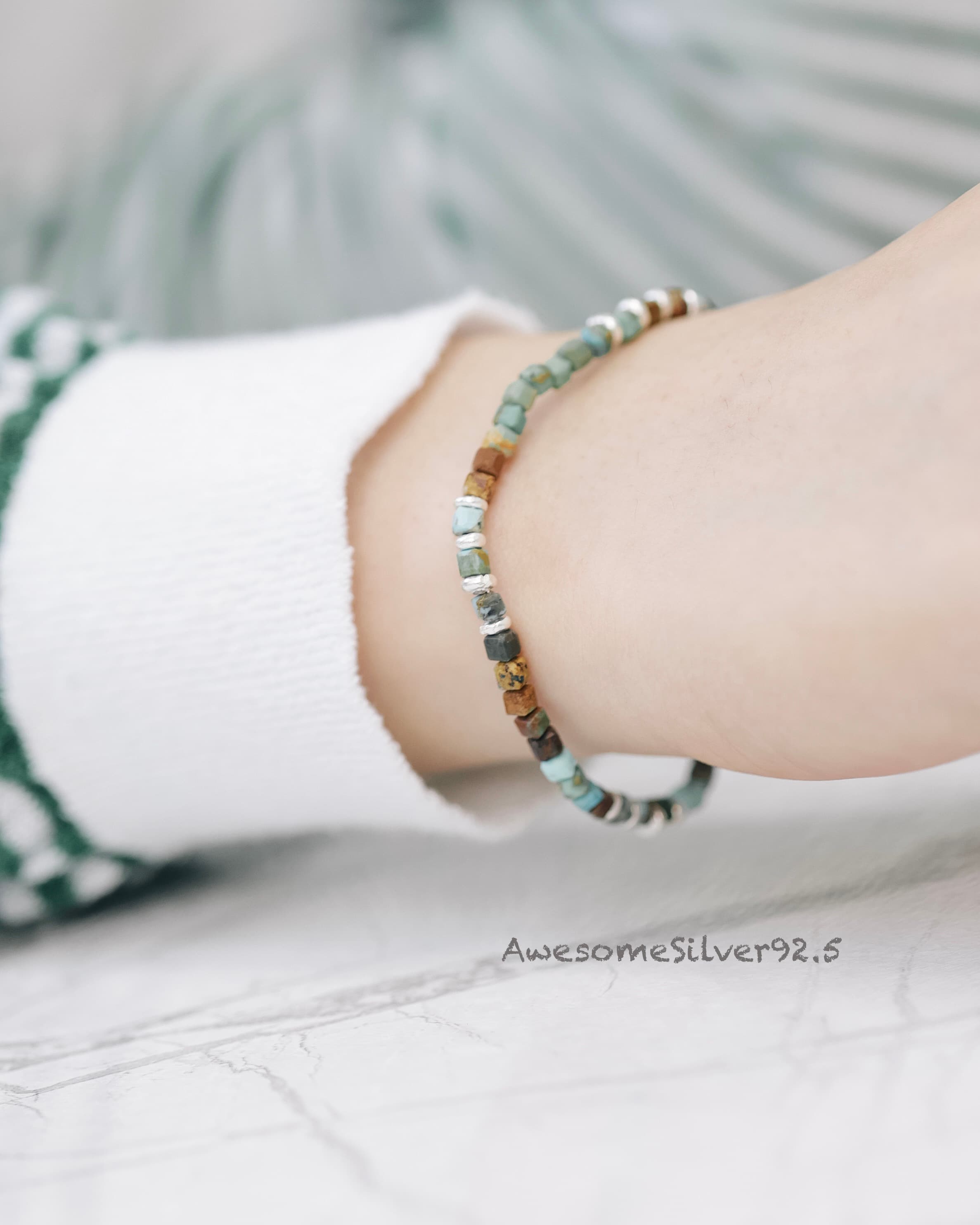B Silver 925 Natural Turquoise Squishy Pendant Men's & Women's Couple Bracelet - 이미지 5