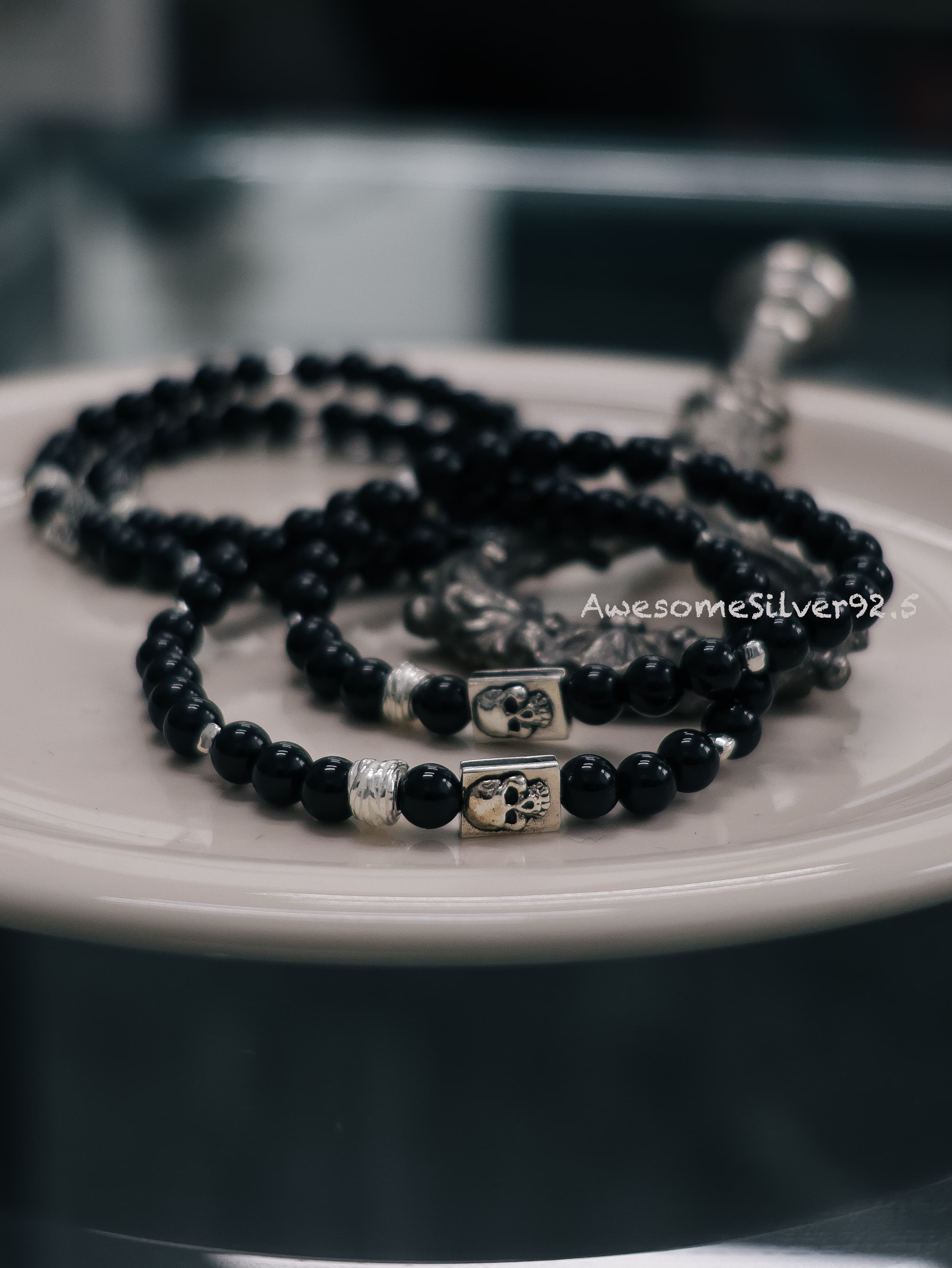 B Silver 925 Natural Stone Onyx Skull Pendant Men's & Women's Couple Bracelet - 이미지 2
