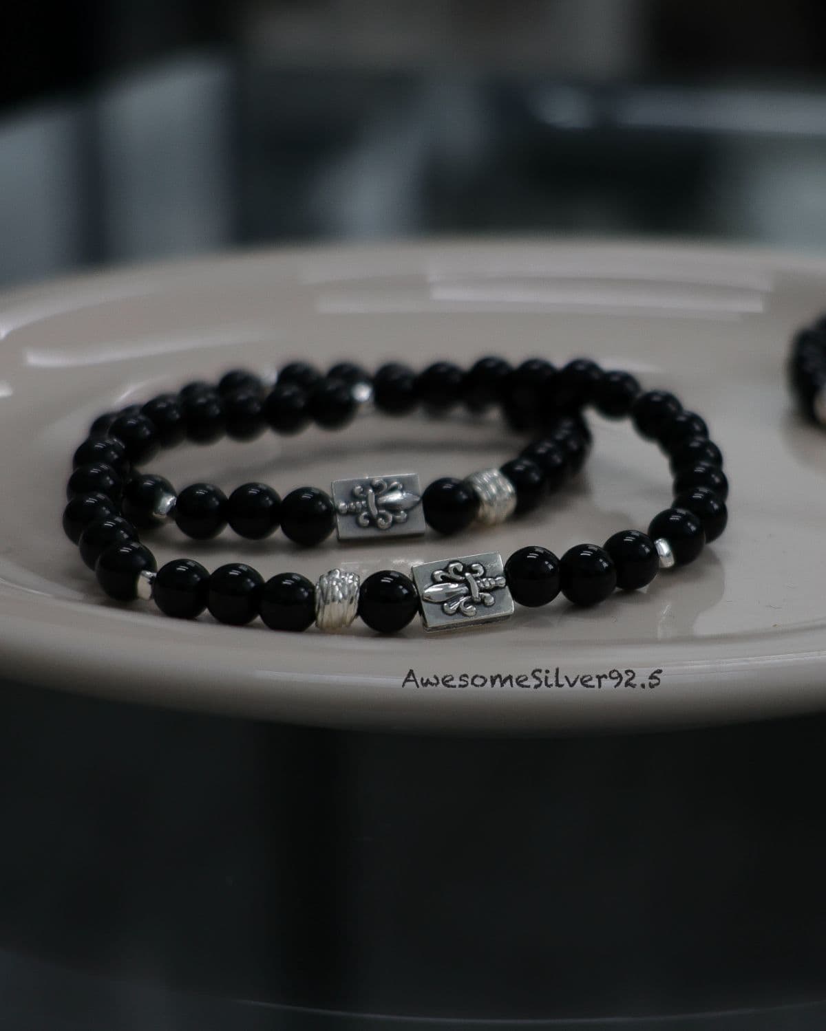 B Silver 925 Natural Stone Onyx Shield Pendant Couple Bracelet - 이미지 3