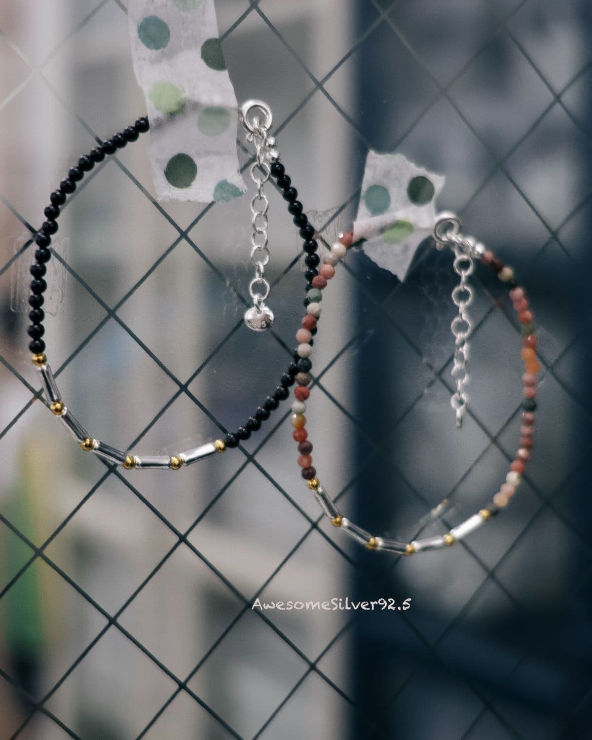 B Silver 925 Natural Stone Onyx Multi Silver Gold Ball Handmade Bracelet - 이미지 2