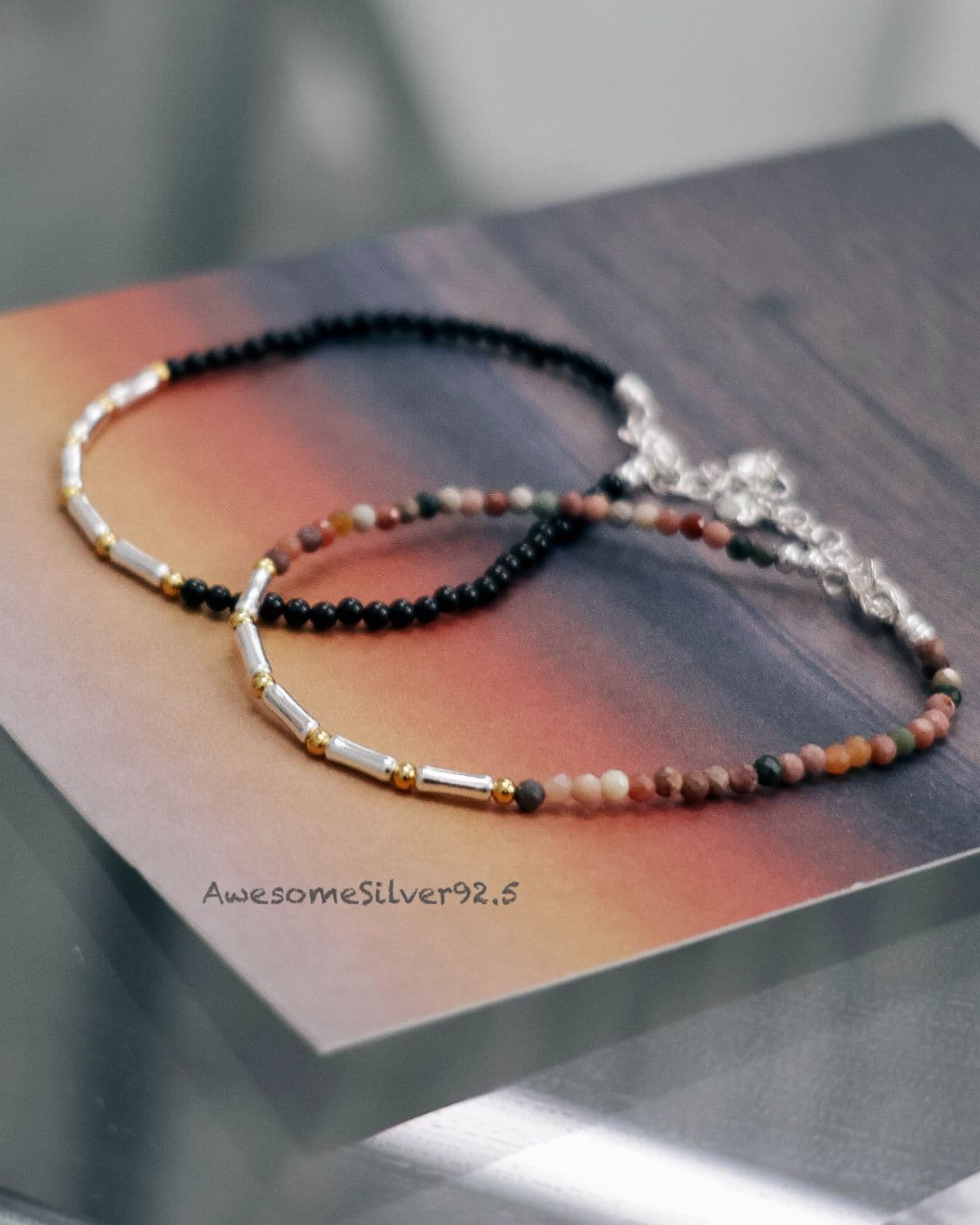B Silver 925 Natural Stone Onyx Multi Silver Gold Ball Handmade Bracelet - 이미지 1