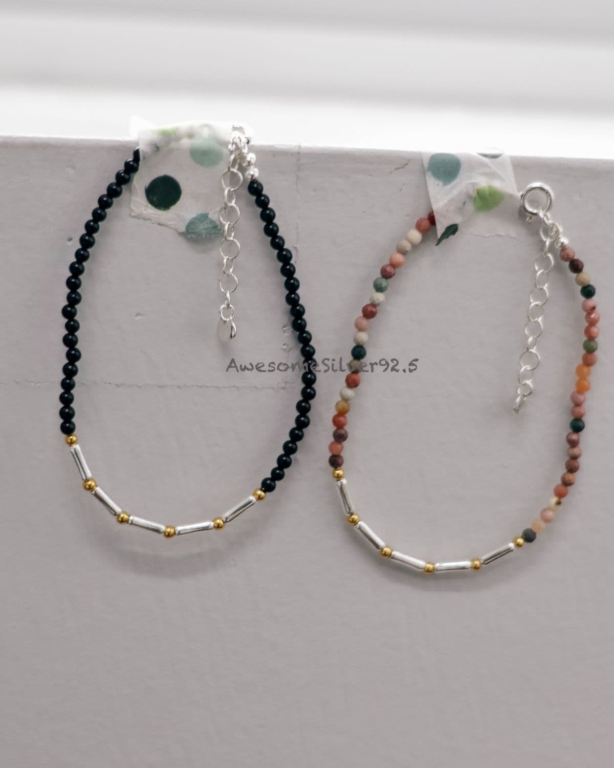 B Silver 925 Natural Stone Onyx Multi Silver Gold Ball Handmade Bracelet - 이미지 3