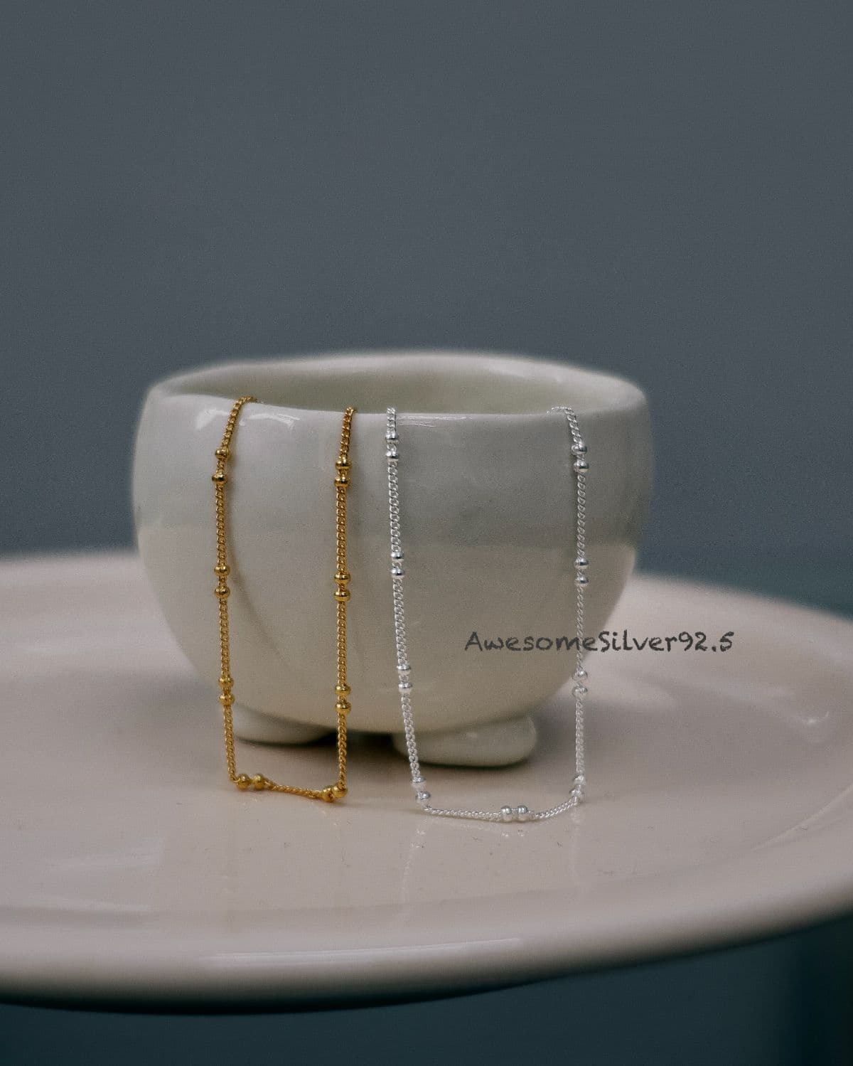 B Silver 925 Flat Double-Ball Chain Bracelet - 이미지 4
