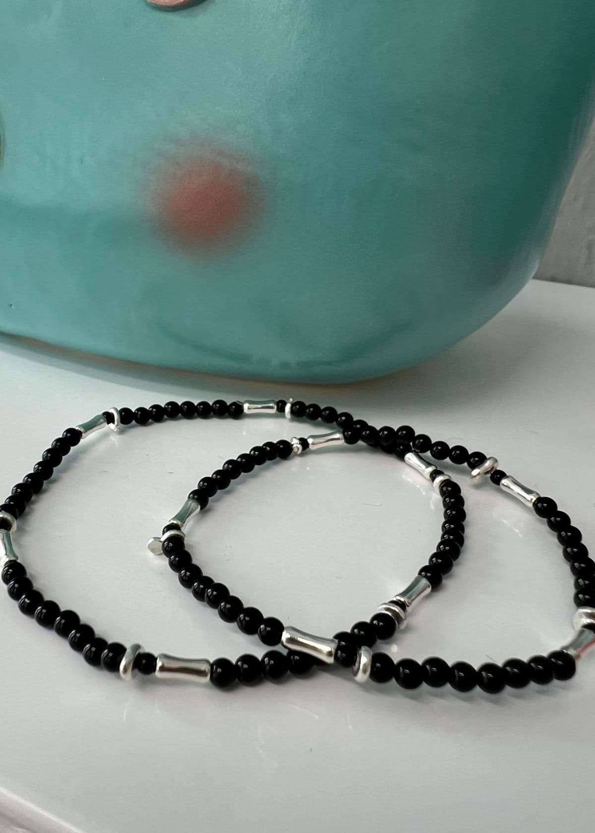 B Silver 925 Stick Bar Handmade Pendant Onyx Men's & Women's Couple Bracelet - 이미지 1