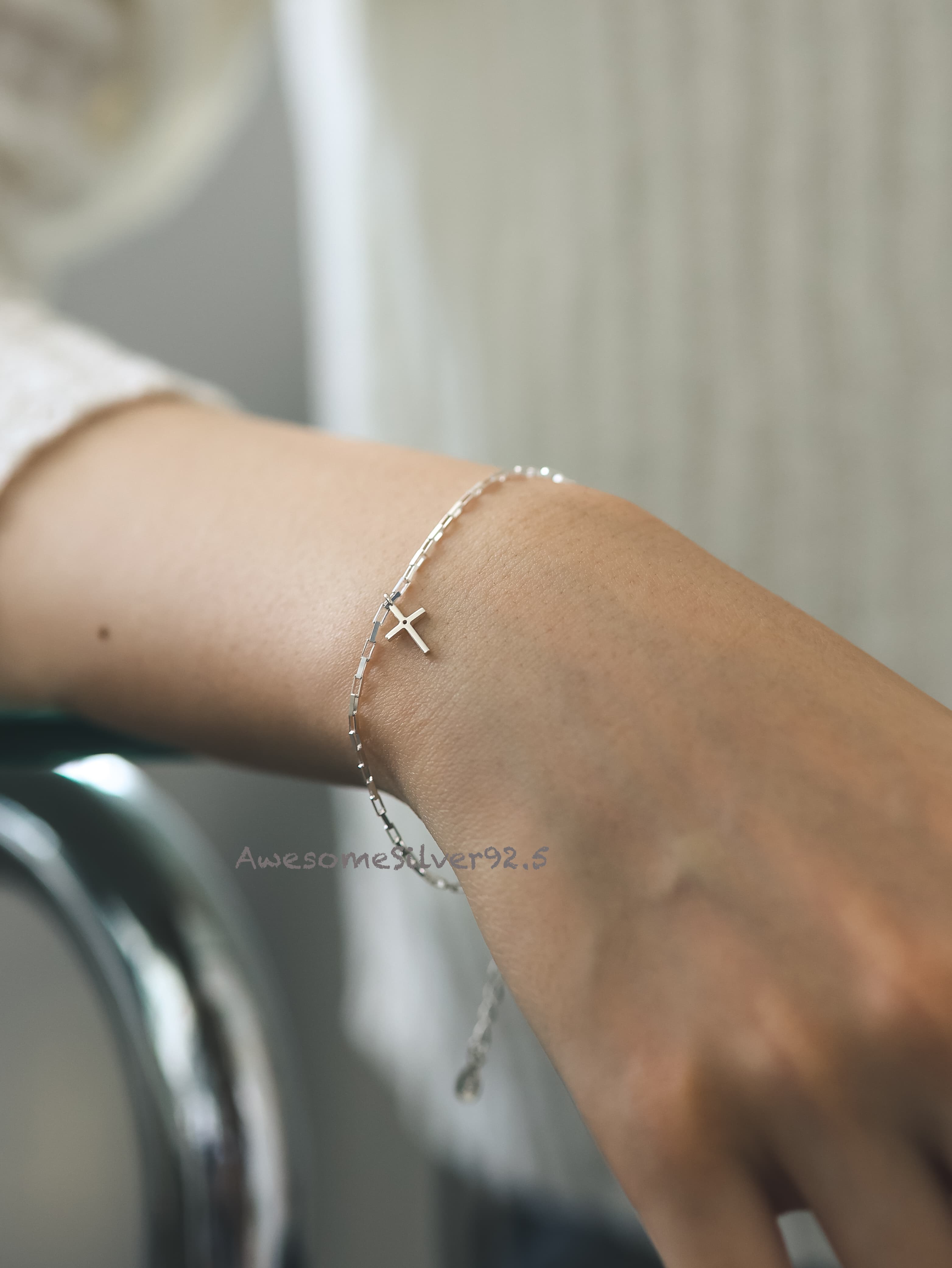B Silver 925 Square Chain Cross Cubic Pendant Bracelet - 이미지 8