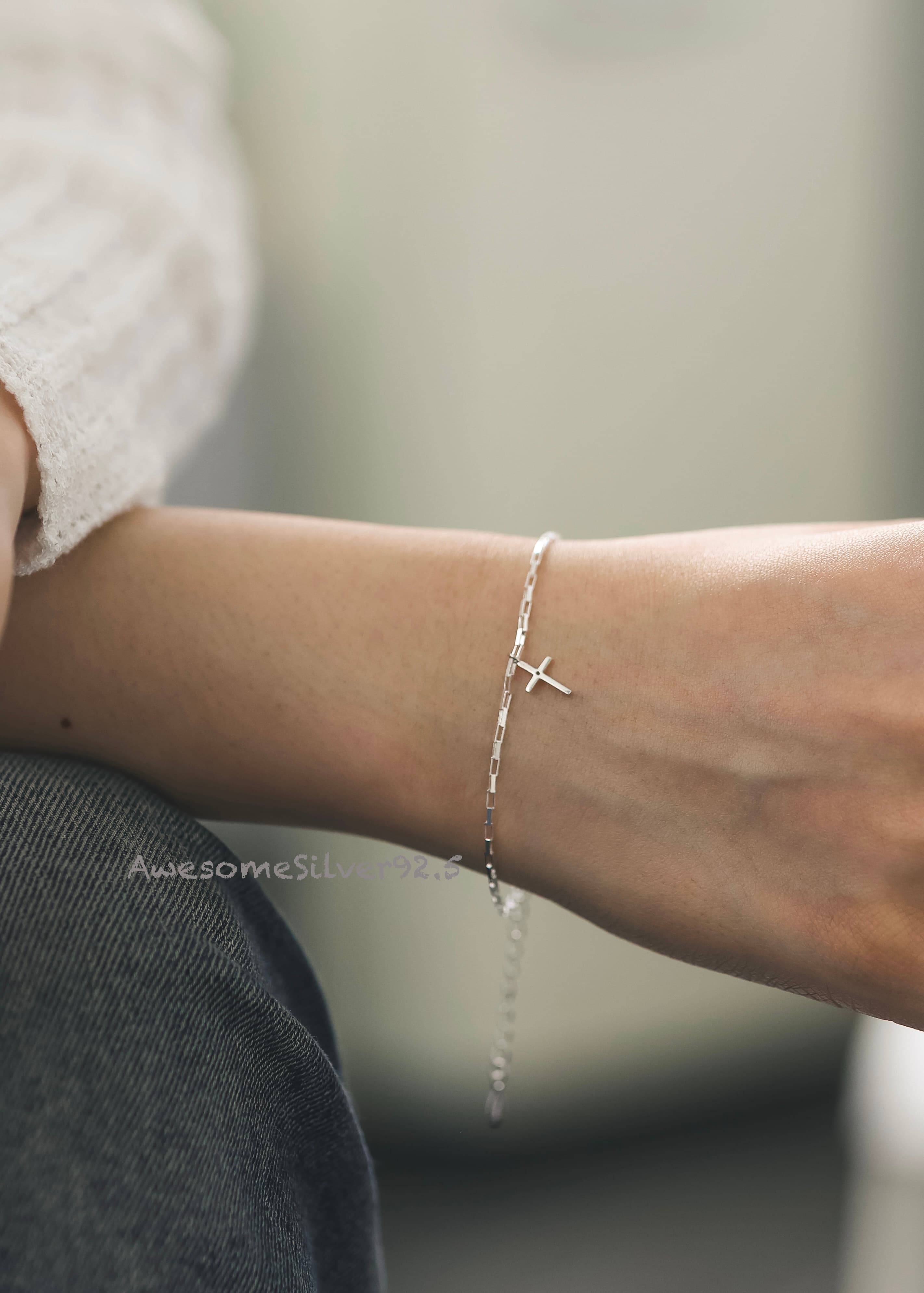 B Silver 925 Square Chain Cross Cubic Pendant Bracelet - 이미지 7