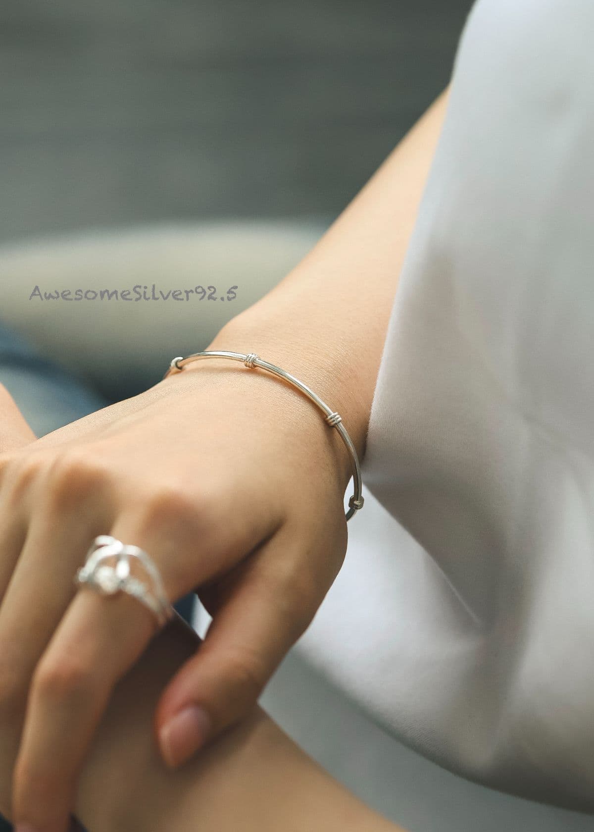 B Silver 925 Bangle 2mm Wire Bracelet - 이미지 3