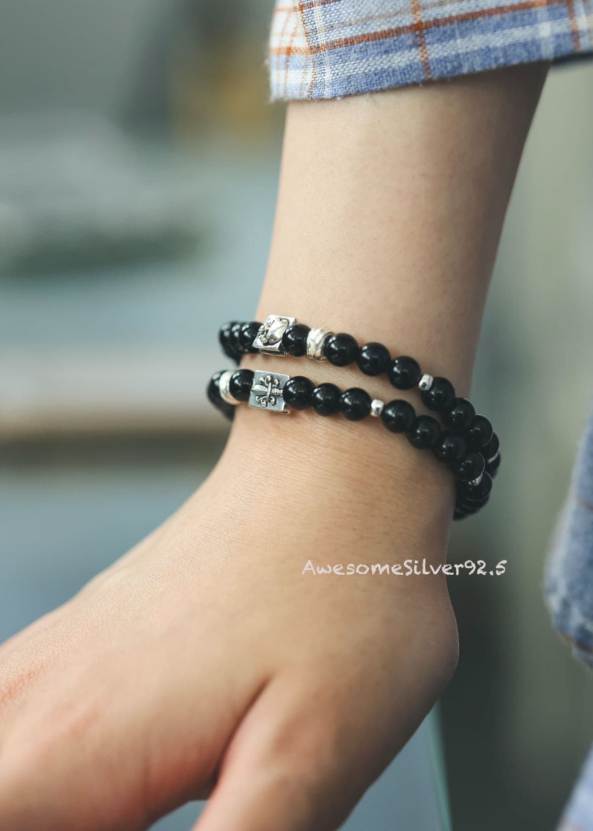 B Silver 925 Natural Stone Onyx Skull Pendant Men's & Women's Couple Bracelet - 이미지 7
