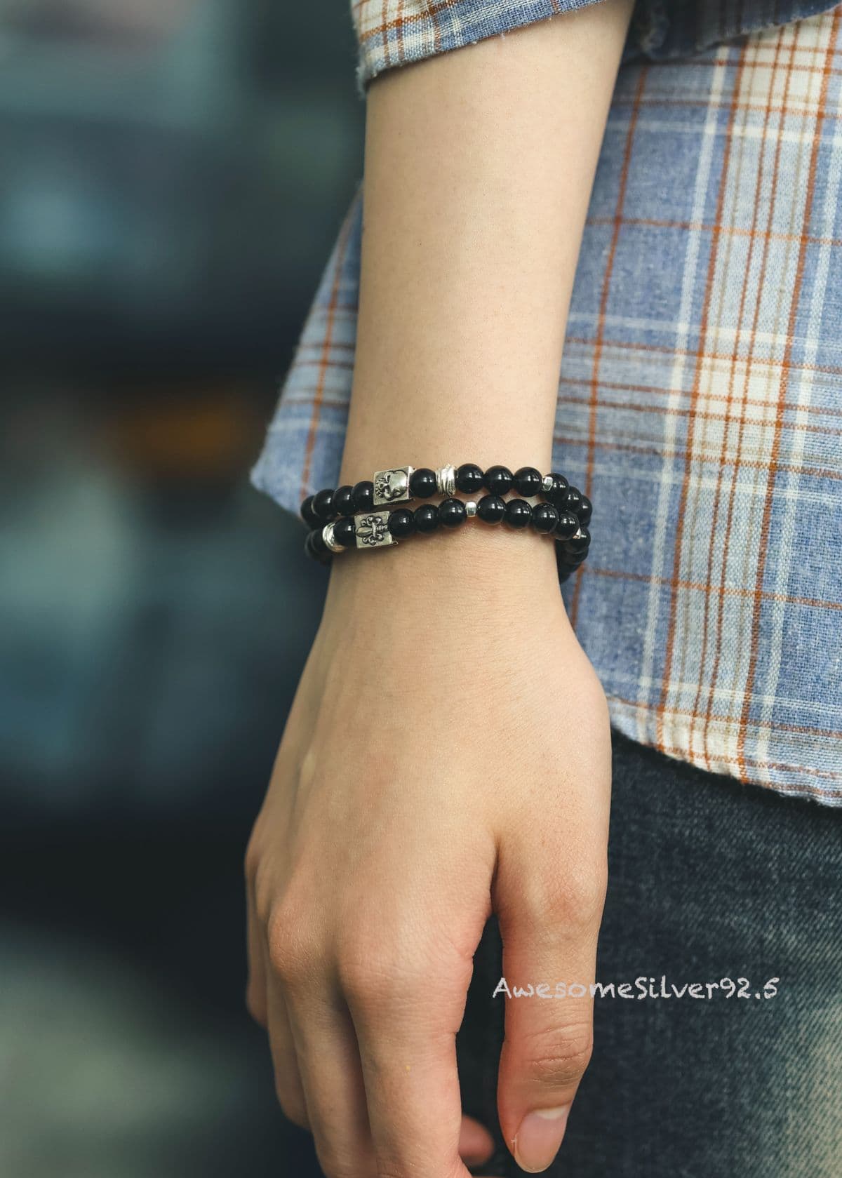 B Silver 925 Natural Stone Onyx Skull Pendant Men's & Women's Couple Bracelet - 이미지 3