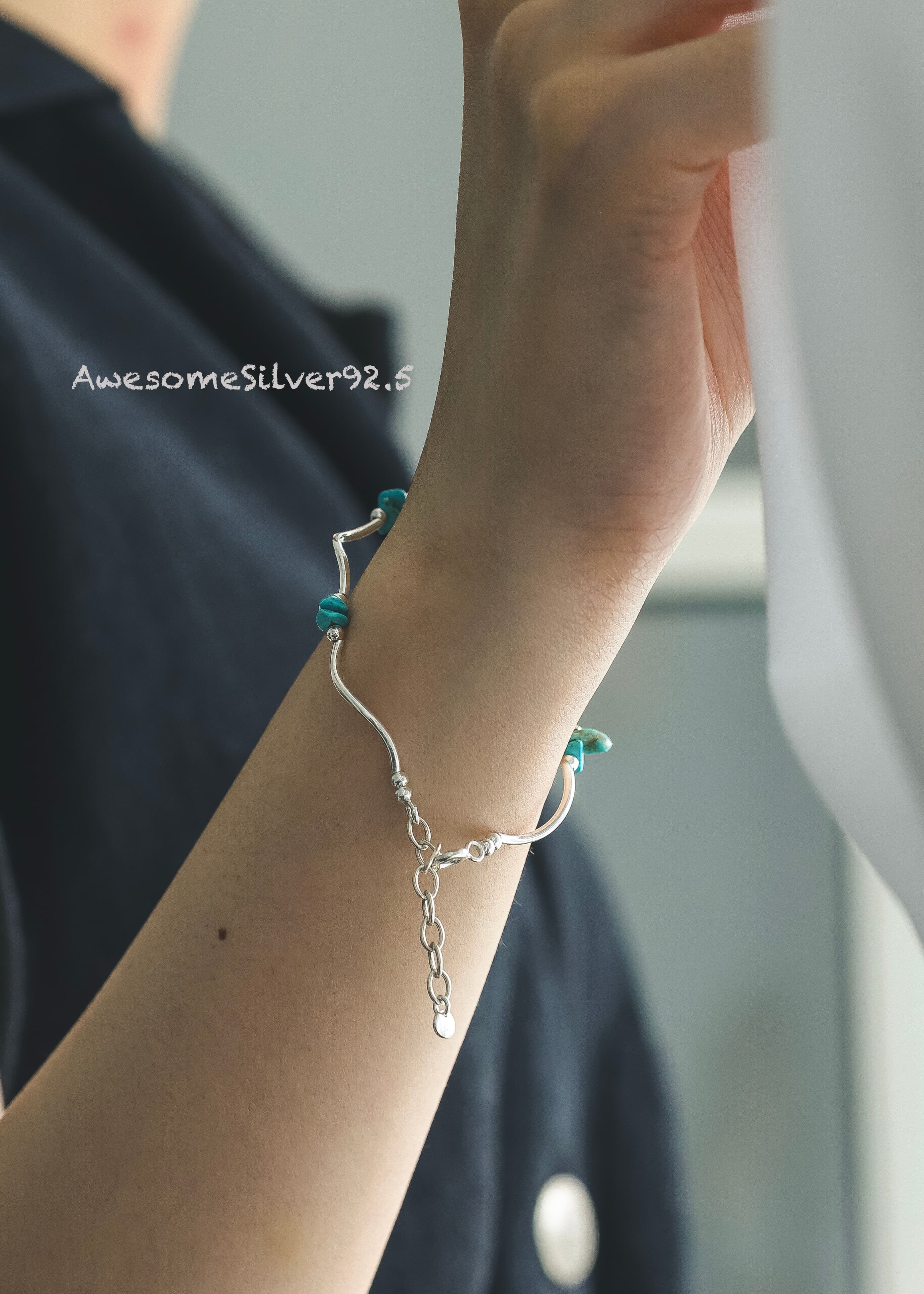 B Silver 925 Natural Stone Türkiye Wave Bracelet - 이미지 1