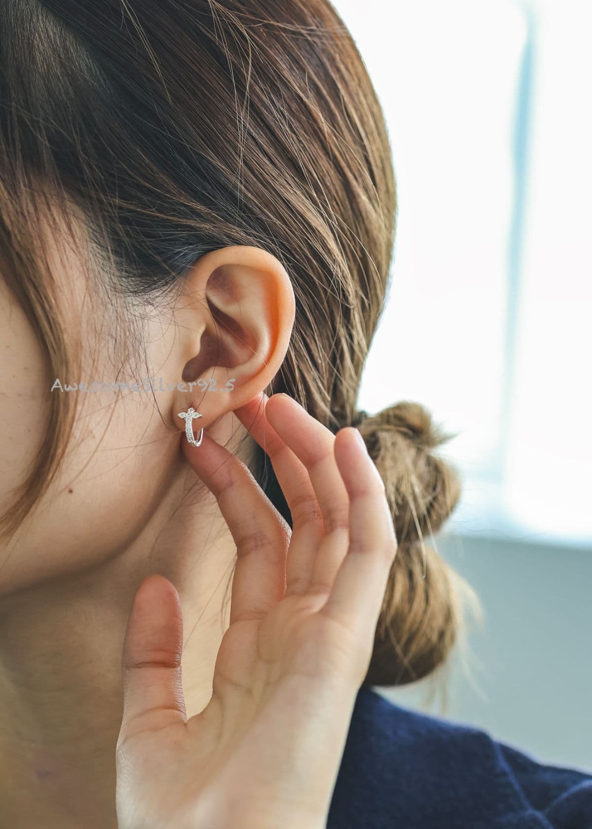 E Silver 925 Cubic Cross One-Touch Earrings - 이미지 1