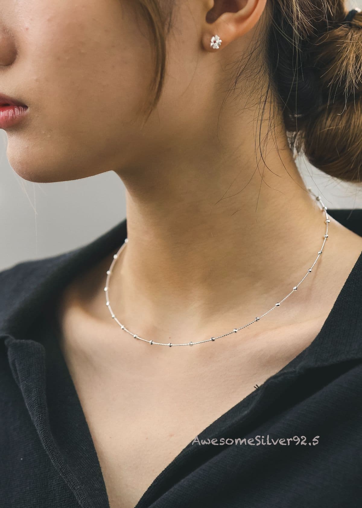 N Silver 925 Italian Chain Angular Ball Round Chain Necklace - 이미지 3
