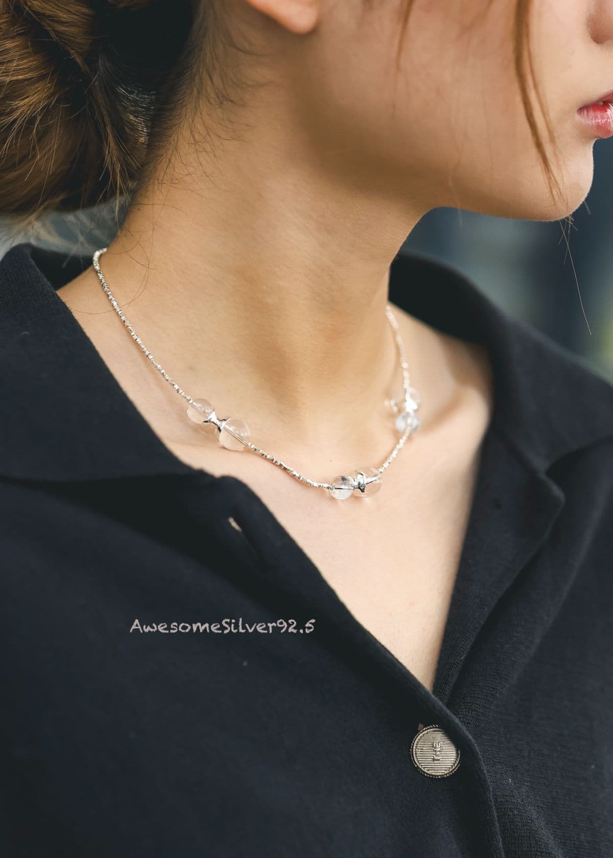 N Silver 925 Clear Quartz Ball-Shaped Square Chip Handmade Necklace - 이미지 4