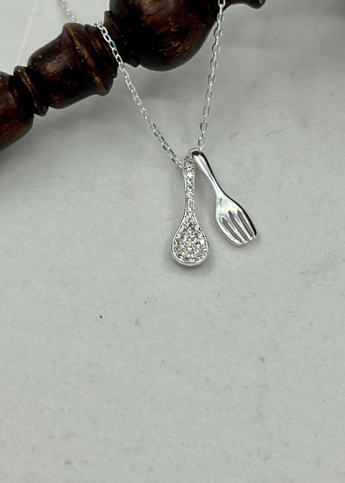 N Silver 925 Fork Spoon Cubic Pendant Necklace - 이미지 1
